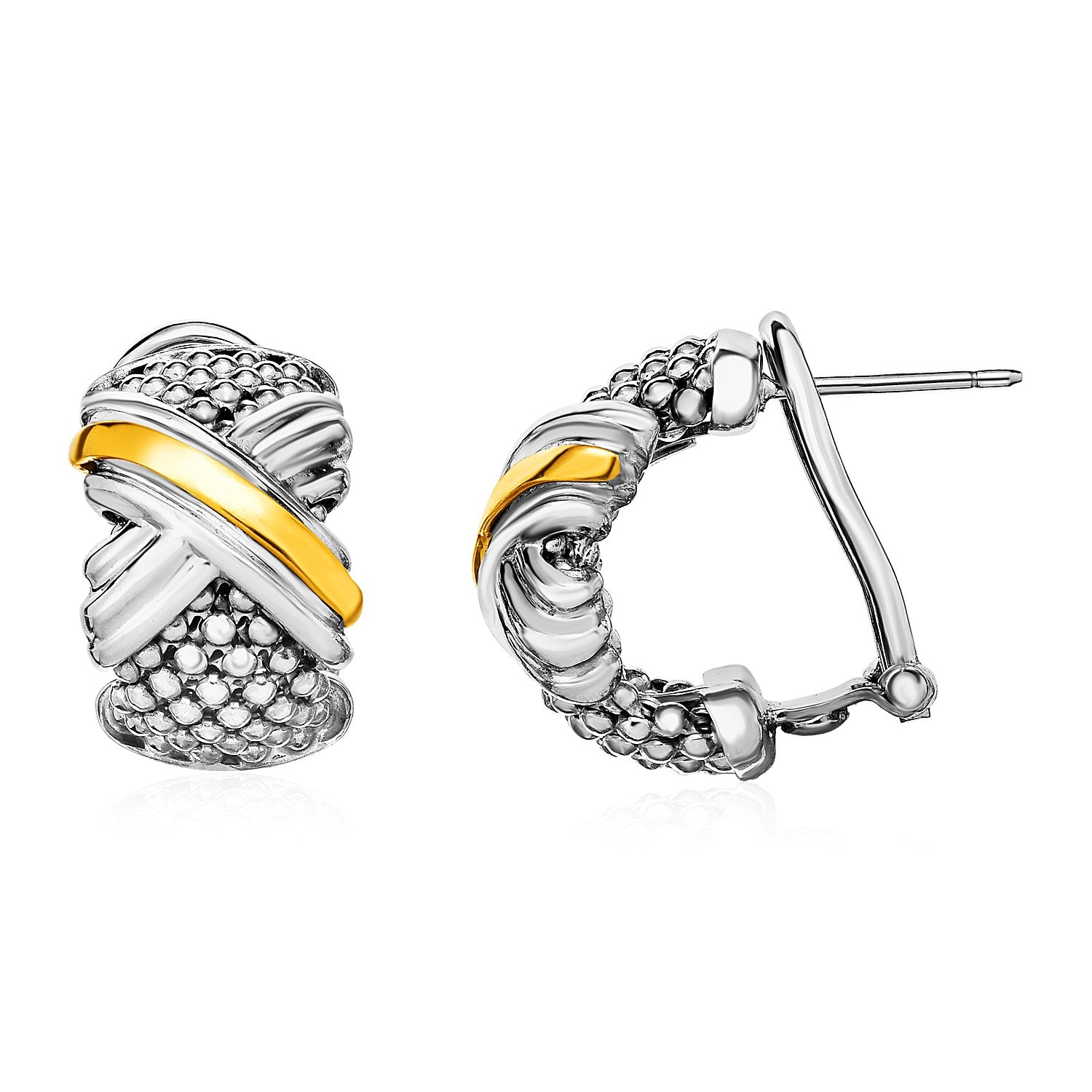 Sterling Silver Popcorn Texture Earrings with X Motif in 18k Yellow Gold