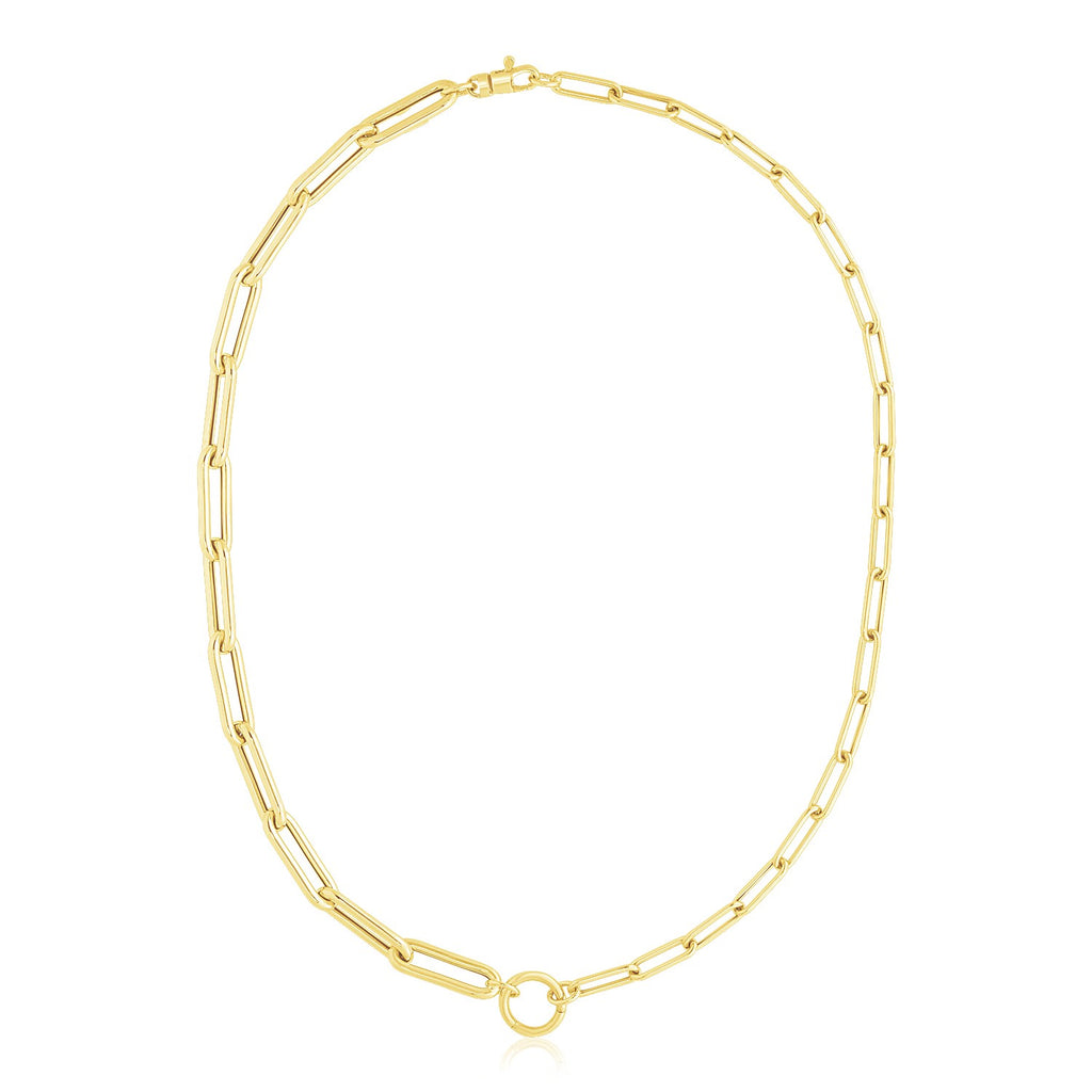 14k yellow gold high polish elongated paperclip chain circle necklace, modern design for elegant sophistication.