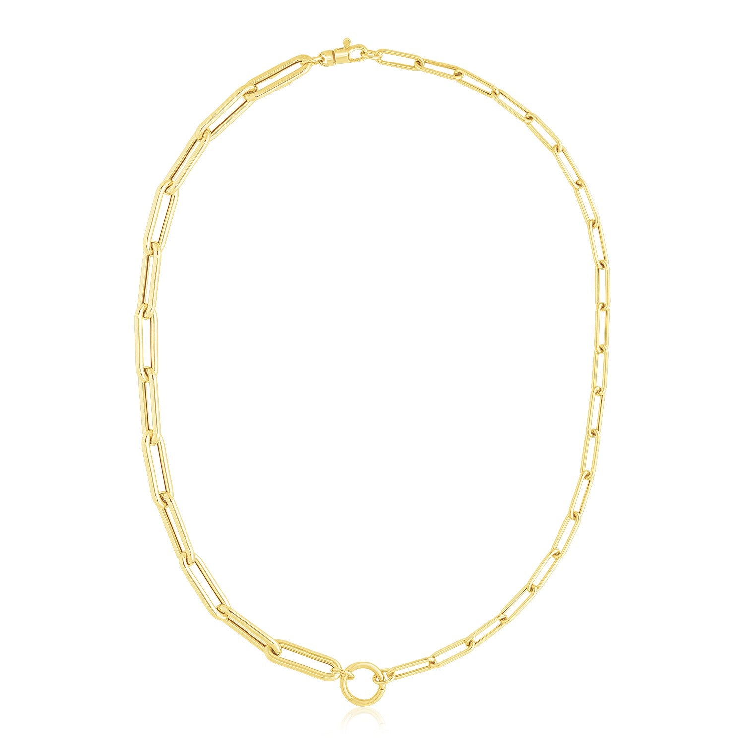 14k yellow gold high polish elongated paperclip chain circle necklace, modern design for elegant sophistication.