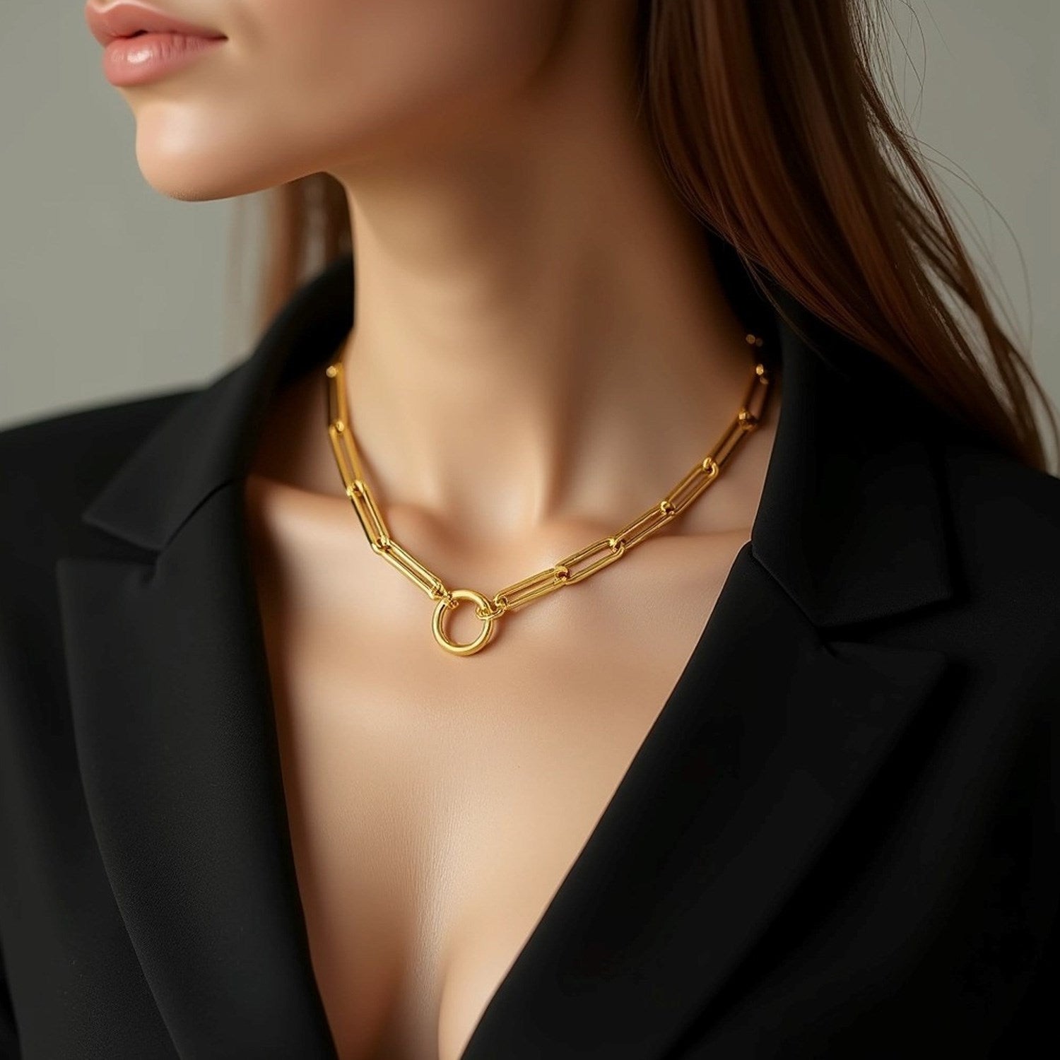 14k yellow gold high polish elongated paperclip chain circle necklace with modern design and elegant shine.