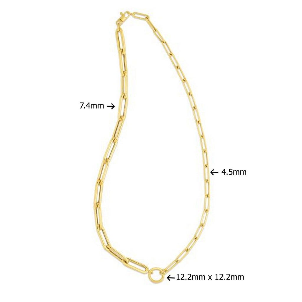 14k yellow gold high polish elongated paperclip chain circle necklace with modern design and elegant shine.