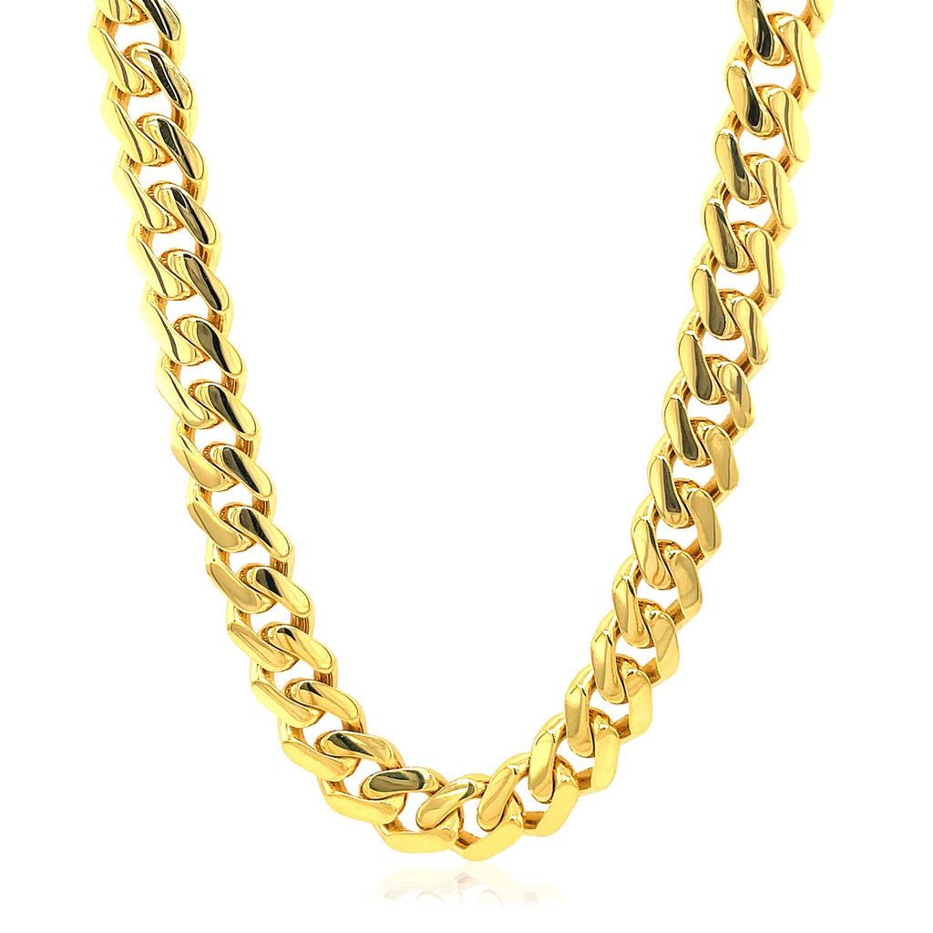 14k yellow gold polished Miami Cuban chain necklace with a modern design, perfect for luxury jewelry enthusiasts.