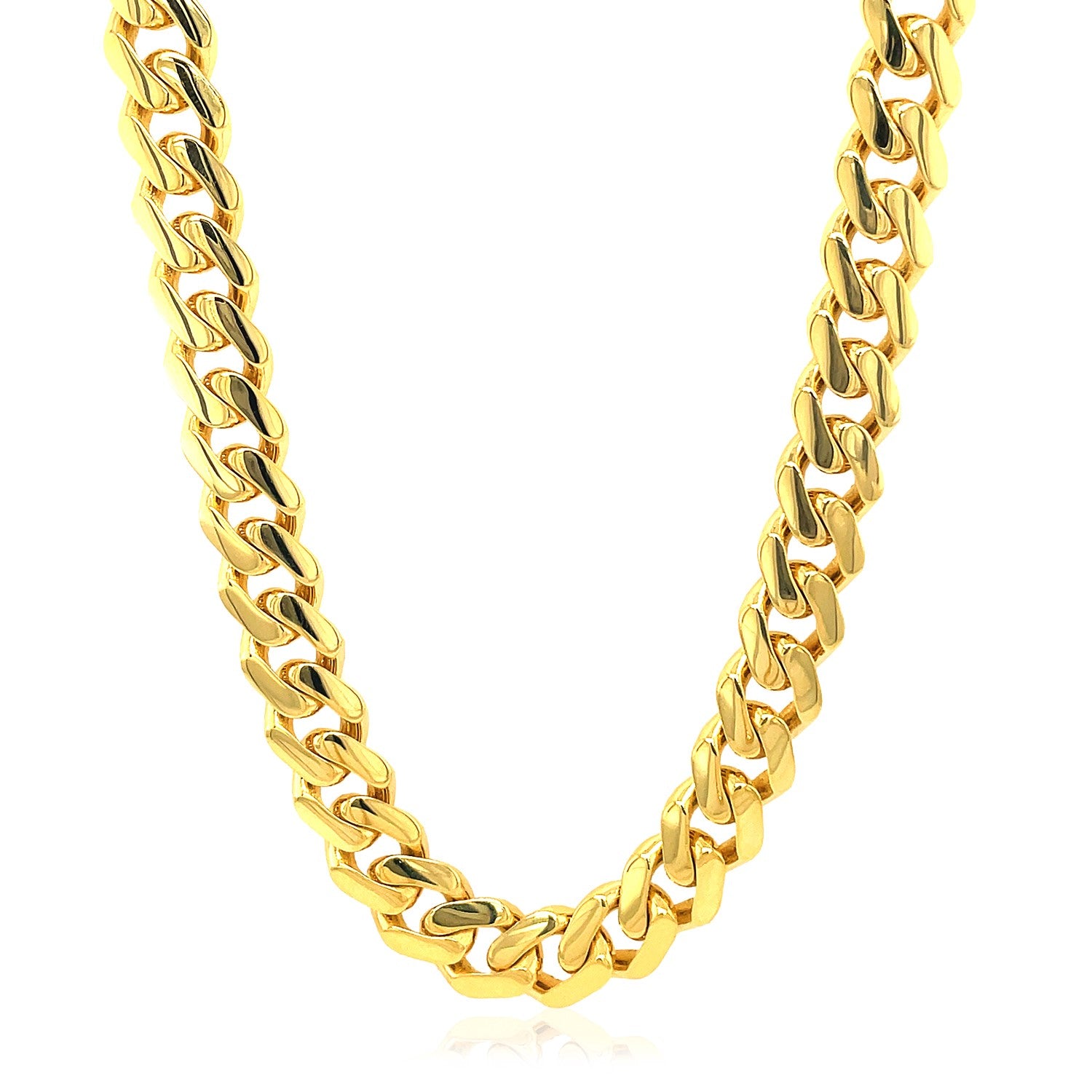 14k yellow gold polished Miami Cuban chain necklace with a modern design, perfect for luxury jewelry enthusiasts.