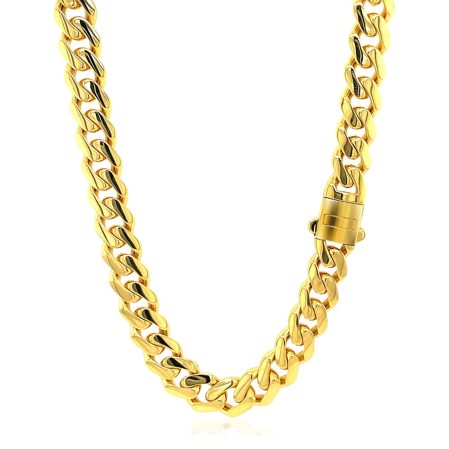 14k yellow gold polished Miami Cuban chain necklace with a modern design, showcasing a luxurious, sleek finish.