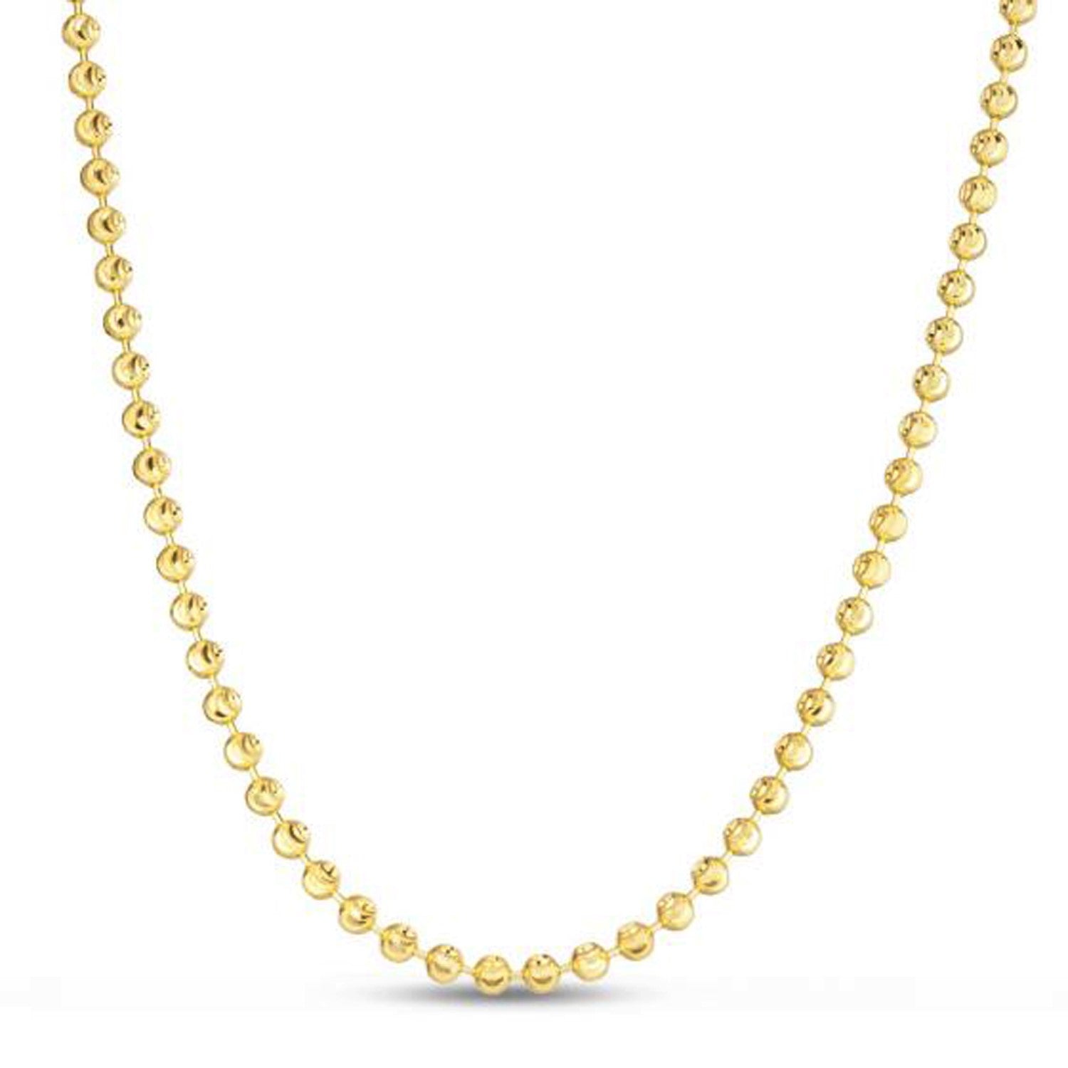 Elegant 14k yellow gold moon cut bead chain, 3.00 mm, showcasing a refined round design for luxurious layering.