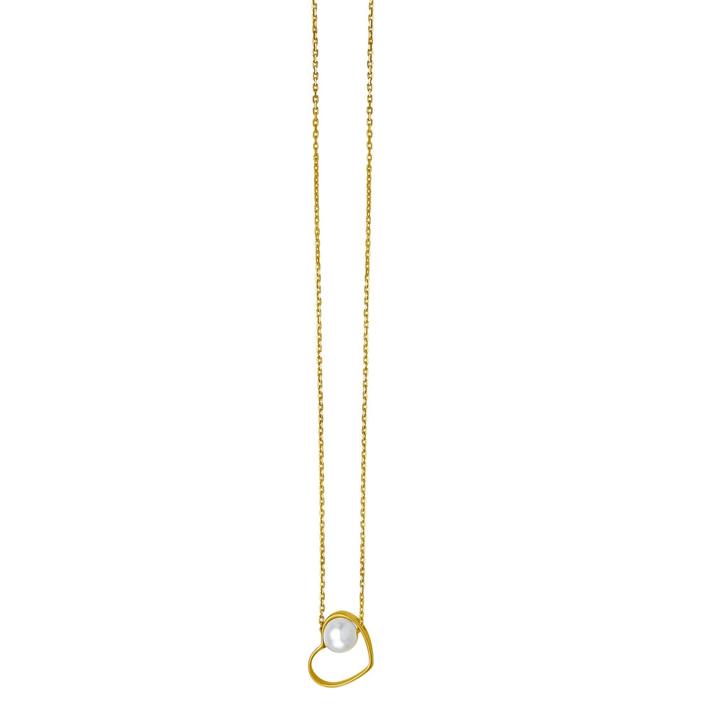 Open heart necklace in 14k yellow gold featuring a lustrous pearl and delicate diamond accents on a modern chain.