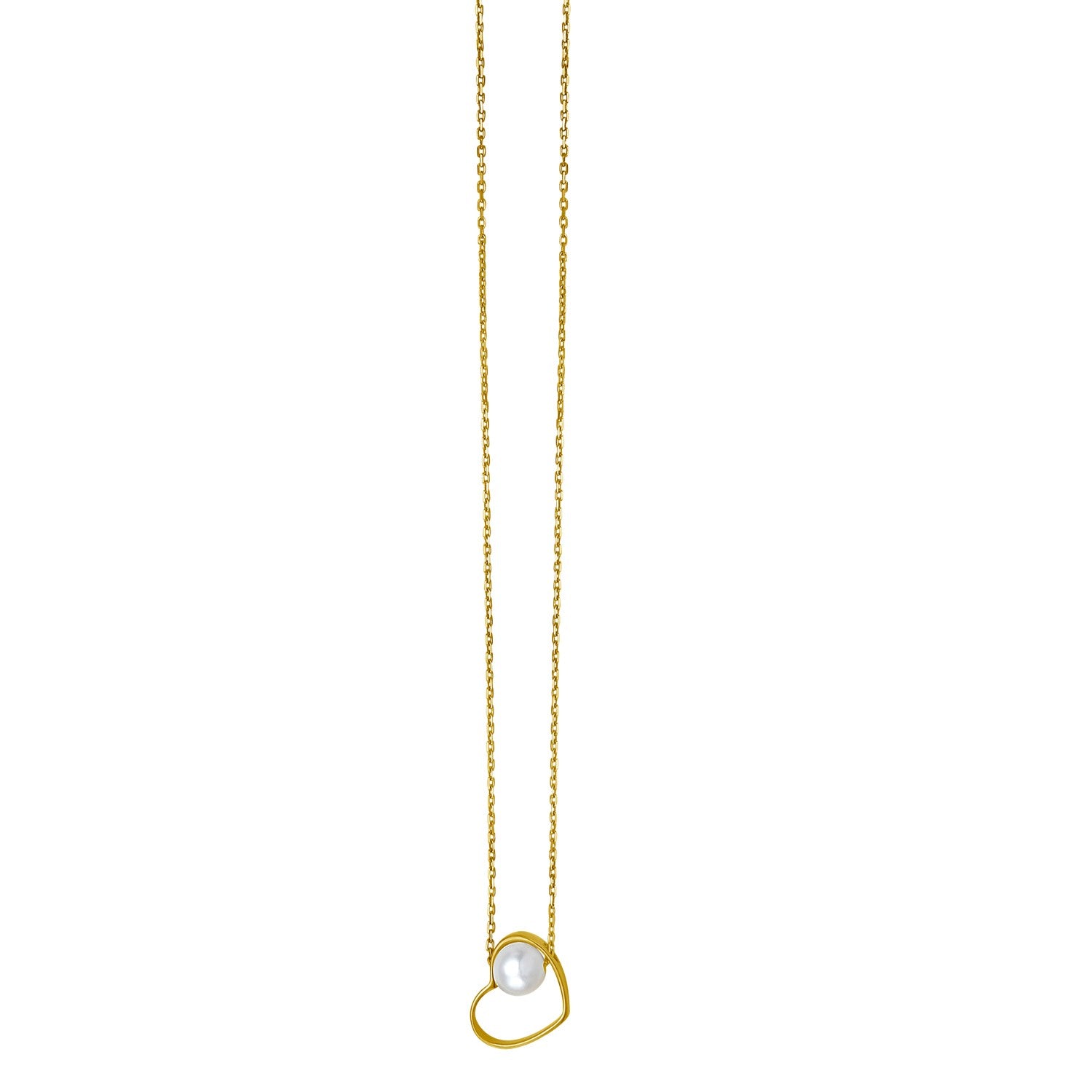 Open heart necklace in 14k yellow gold featuring a lustrous pearl and delicate diamond accents on a modern chain.