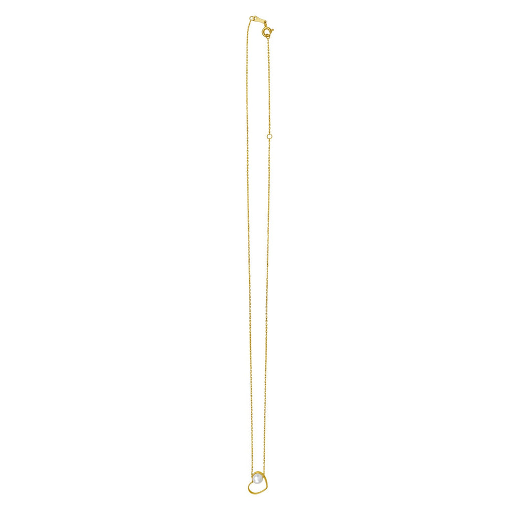 Open heart necklace in 14k yellow gold featuring a lustrous pearl and delicate chain, embodying modern elegance.