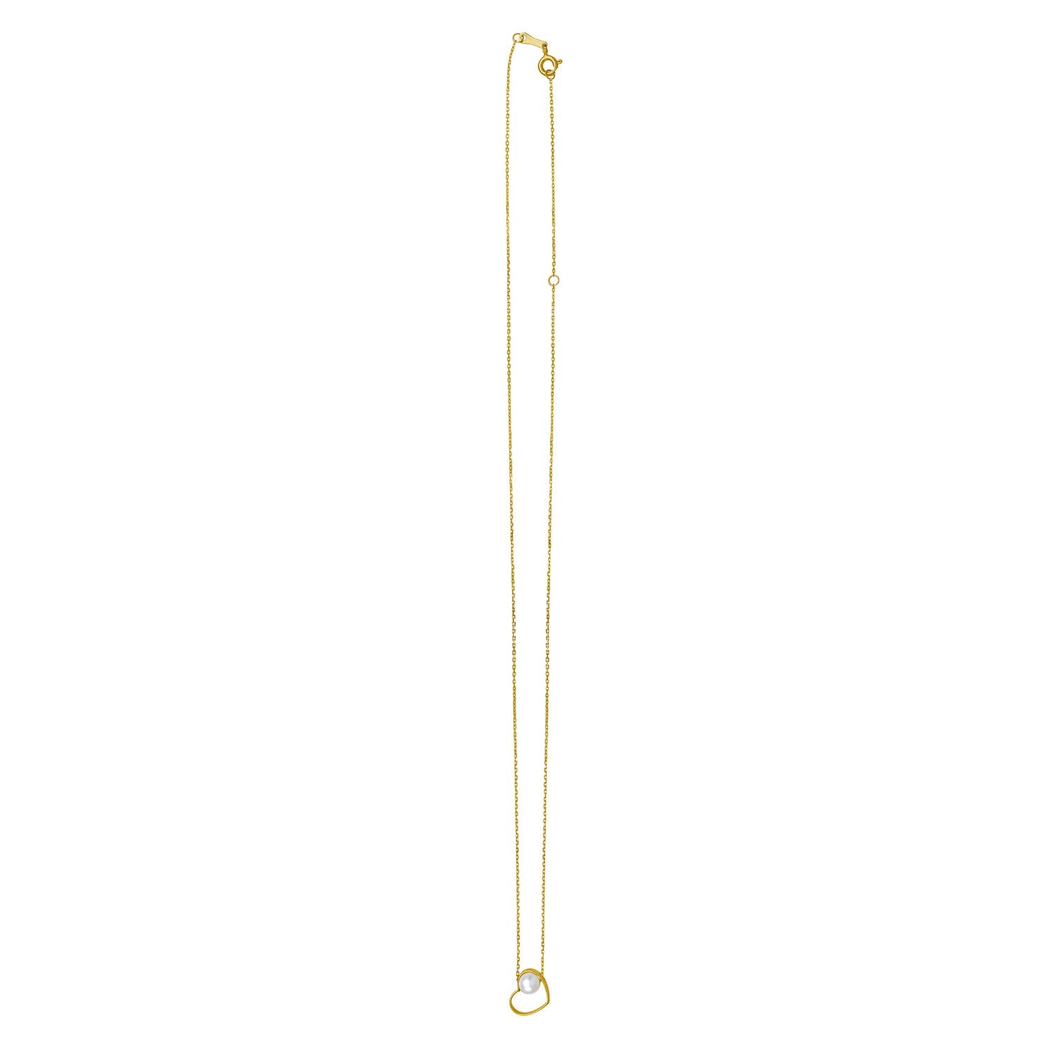 Open heart necklace in 14k yellow gold featuring a lustrous pearl and delicate chain, embodying modern elegance.