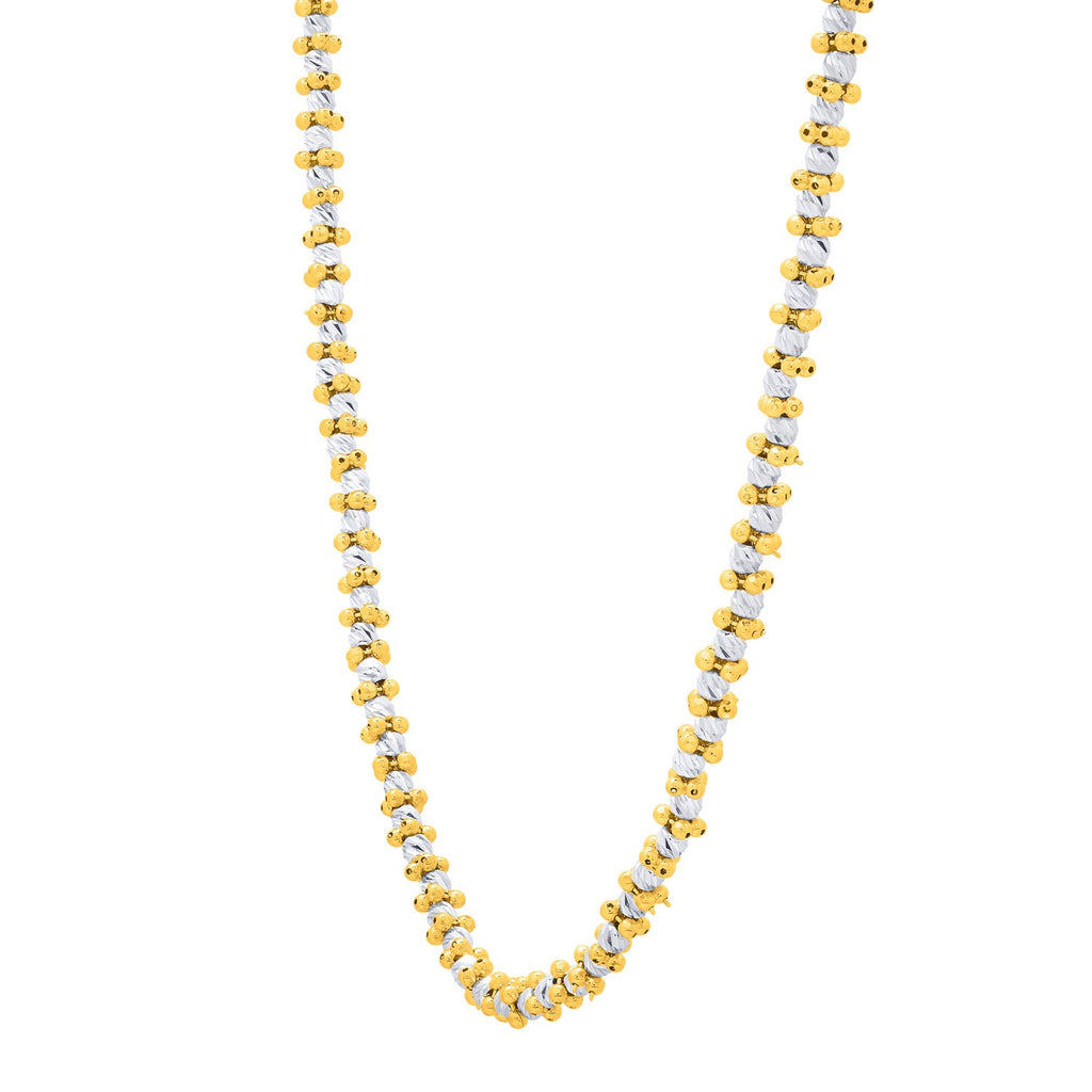 Two-tone pallina bead necklace in 14k gold and sterling silver, featuring elegant chain and lustrous pearl accents.