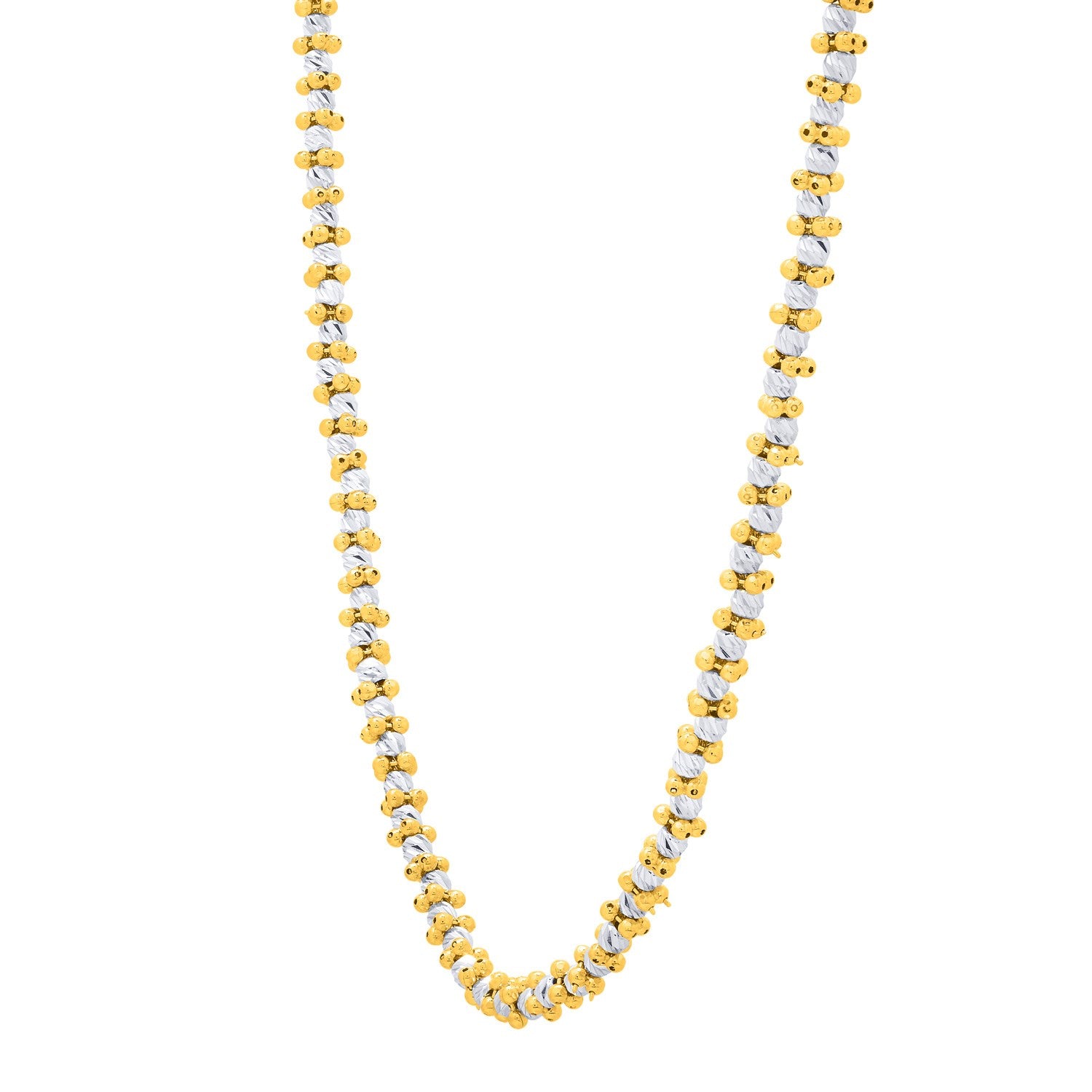 Two-tone pallina bead necklace in 14k gold and sterling silver, featuring elegant chain and lustrous pearl accents.
