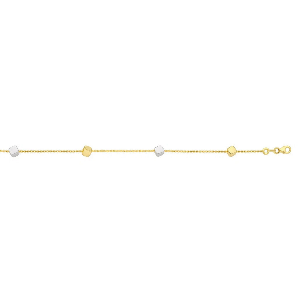 14k two-tone gold bracelet featuring polished cubes on a modern chain design, perfect for elegant layering.