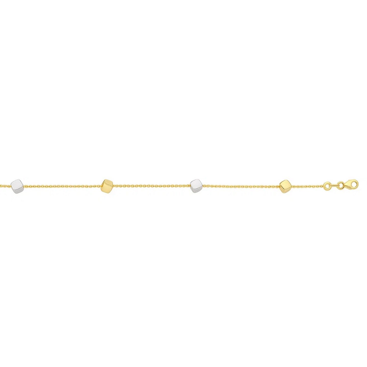 14k two-tone gold bracelet featuring polished cubes on a modern chain design, perfect for elegant layering.