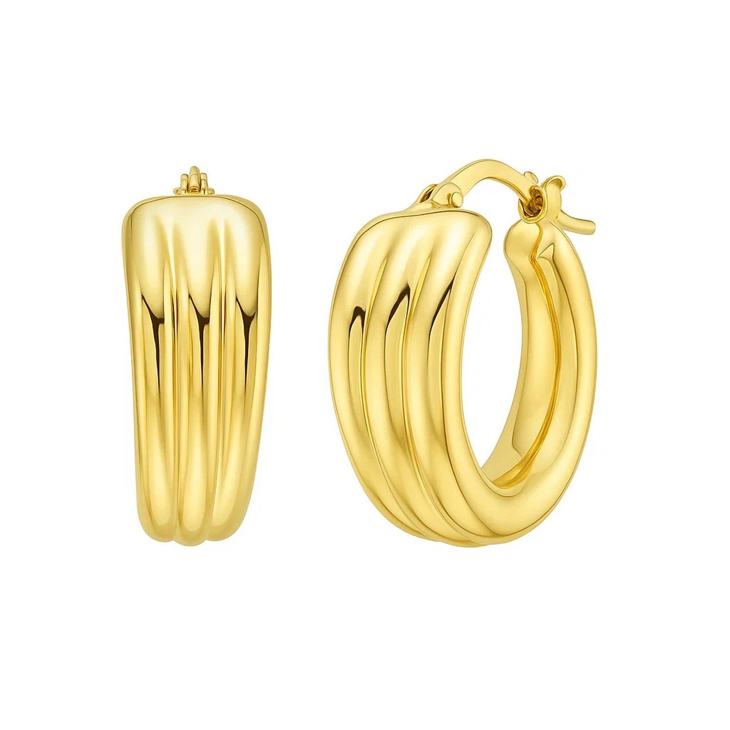 14k yellow gold graduated 3-row hoop earrings with a modern design, perfect for elegant occasions.