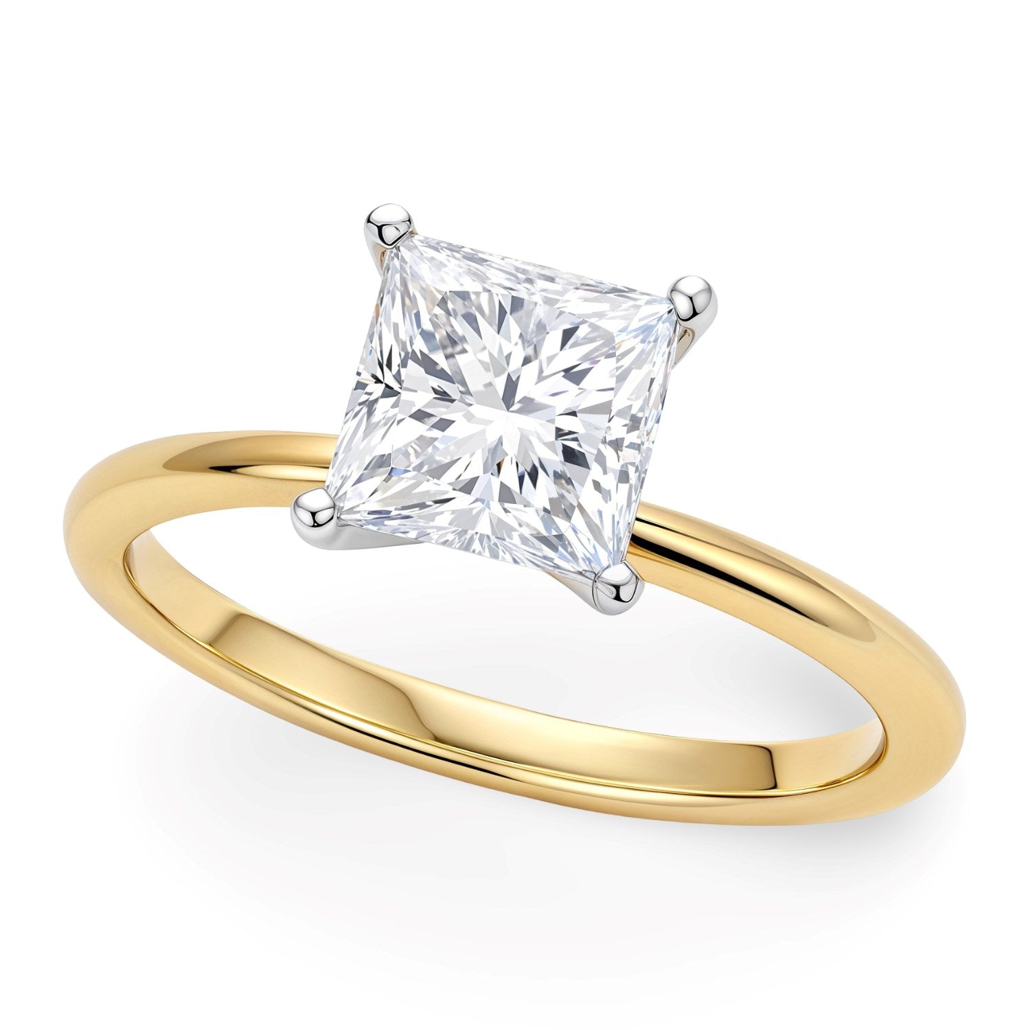 1 carat princess cut diamond solitaire ring in 14k yellow gold, showcasing elegant simplicity and timeless luxury.