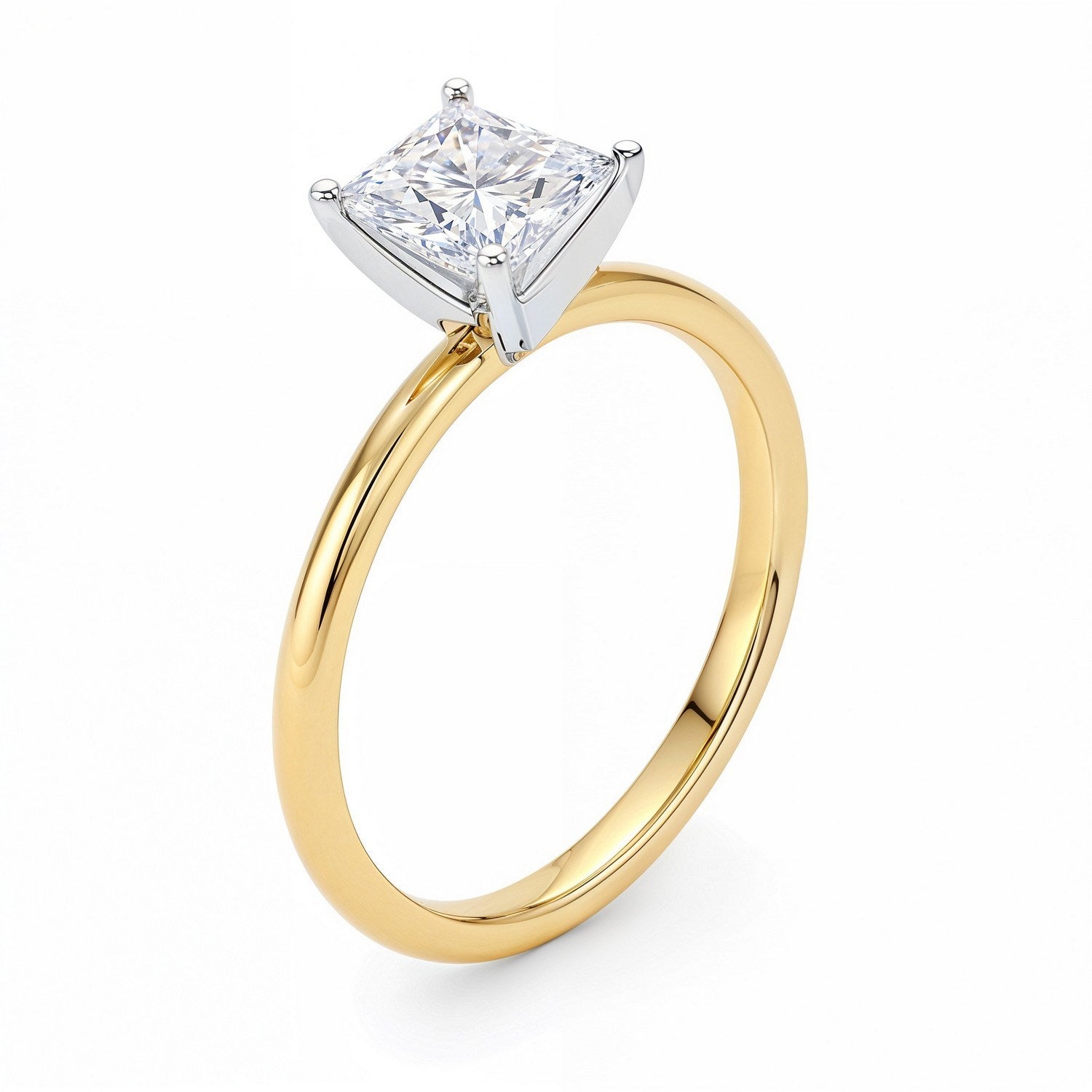 1 carat princess cut diamond solitaire ring in 14k yellow gold, showcasing timeless elegance and exquisite craftsmanship.