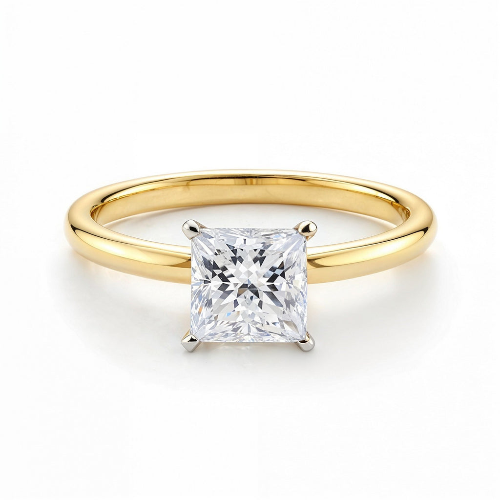 1 carat princess cut diamond solitaire ring in 14k yellow gold, showcasing elegant craftsmanship and timeless beauty.