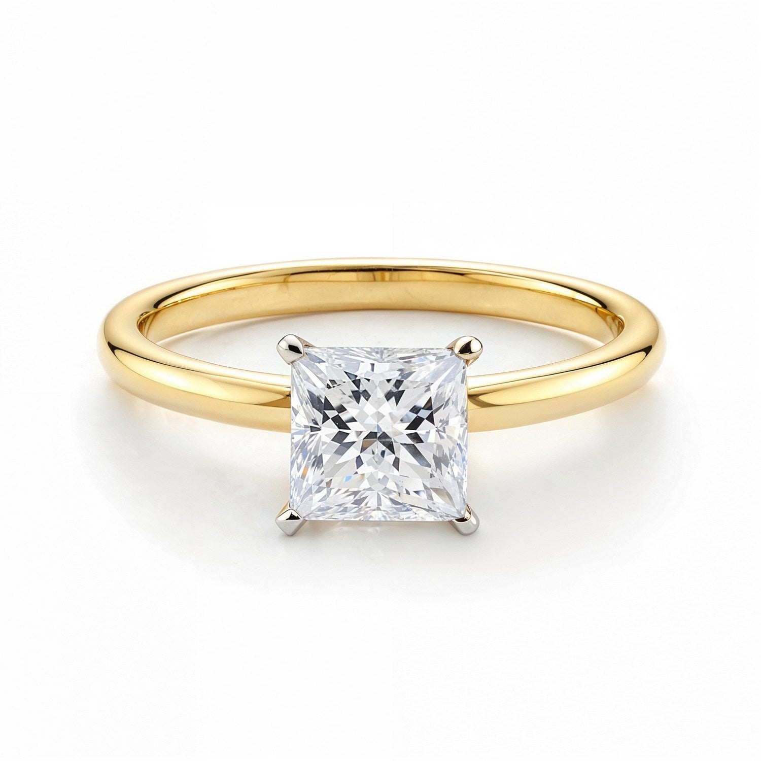 1 carat princess cut diamond solitaire ring in 14k yellow gold, showcasing elegant craftsmanship and timeless beauty.