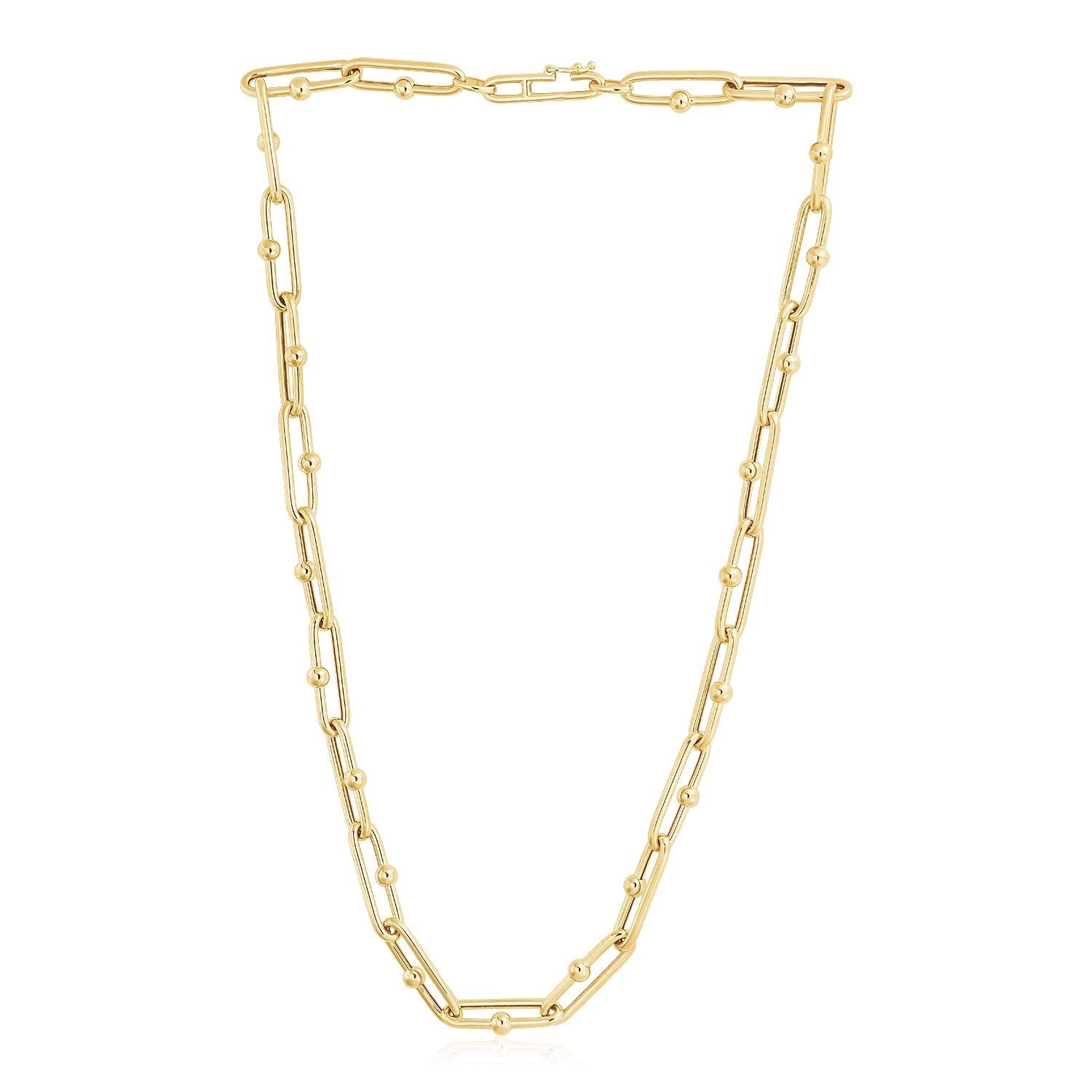 14k yellow gold high polish elongated paperclip Jax link necklace with modern design and sleek chain.