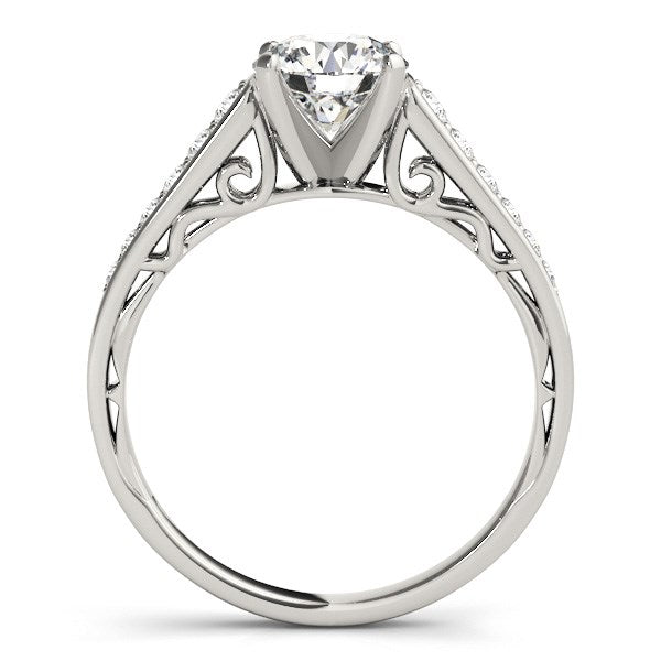 14k white gold cathedral design engagement ring featuring a stunning 1 1/4 cttw diamond centerpiece.
