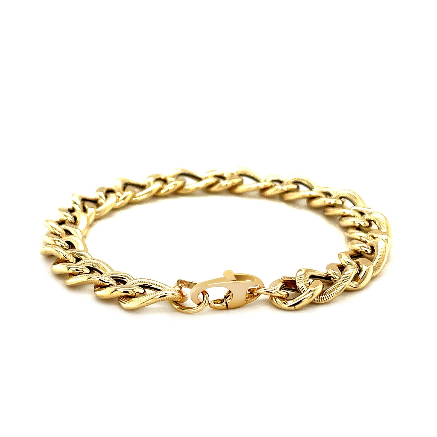 14k yellow gold curb chain bracelet with diamond cuts, showcasing elegant links and a luxurious design.