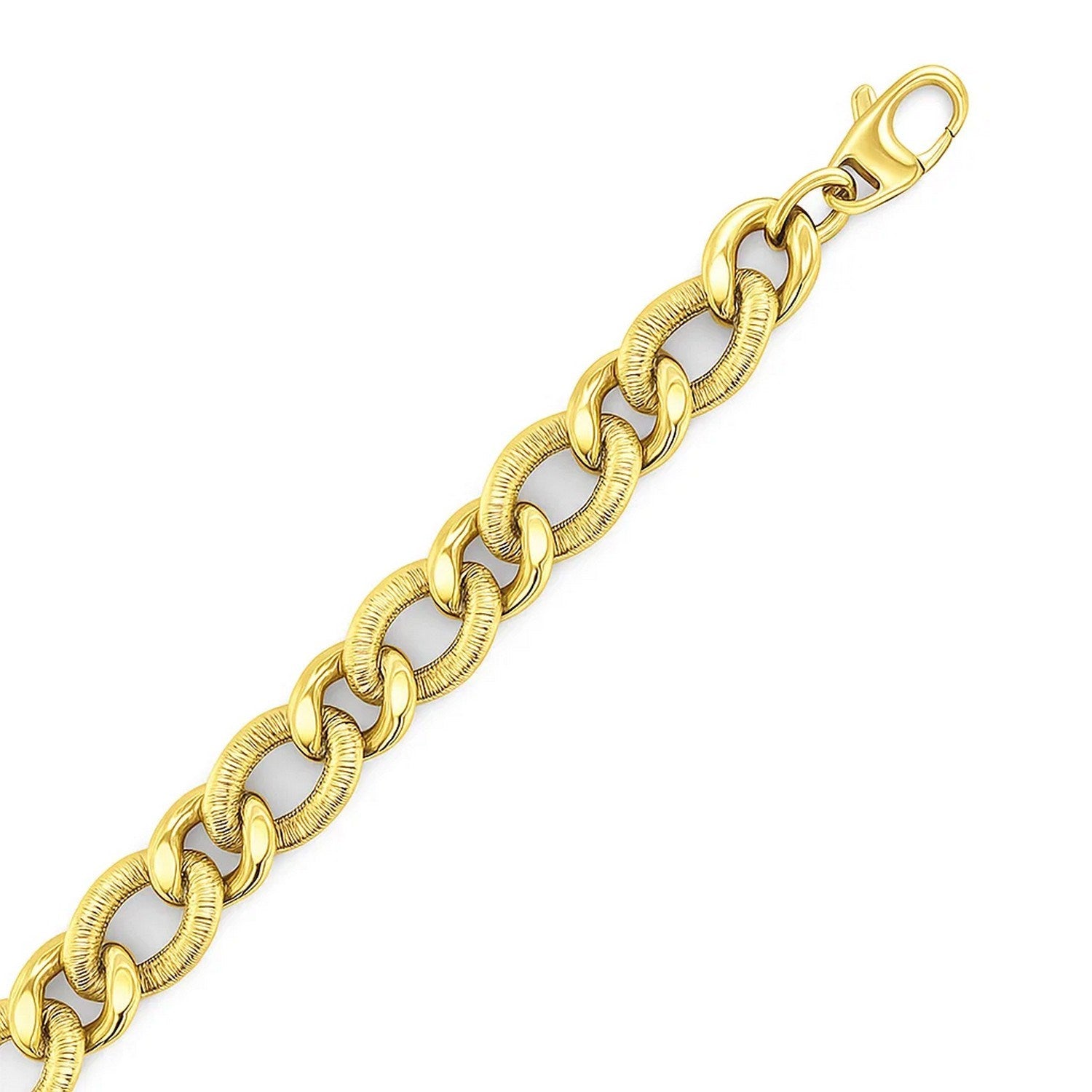 14k yellow gold curb chain bracelet with diamond cuts, showcasing elegant links and a luxurious design.