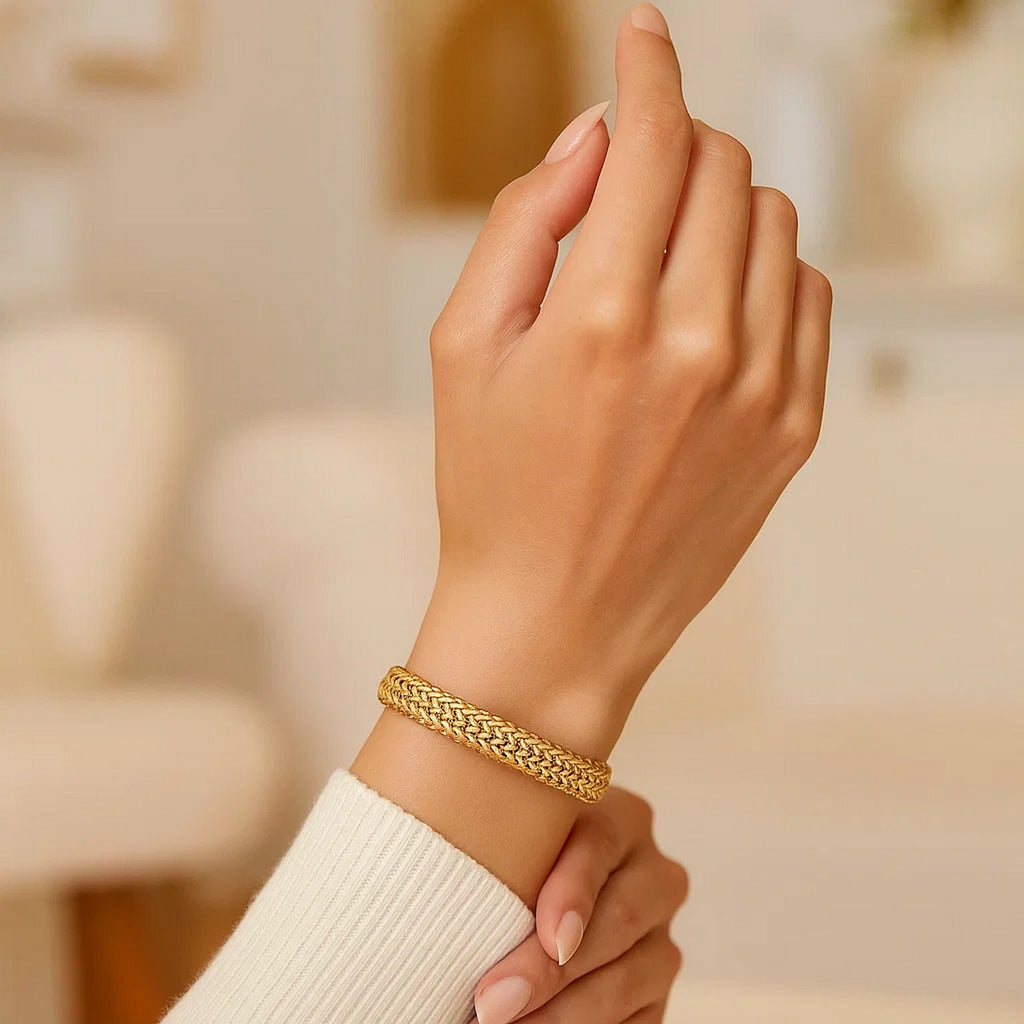 14k yellow gold high polish thick braided bracelet, 8.80 mm, showcasing elegant chain design for a luxurious touch.