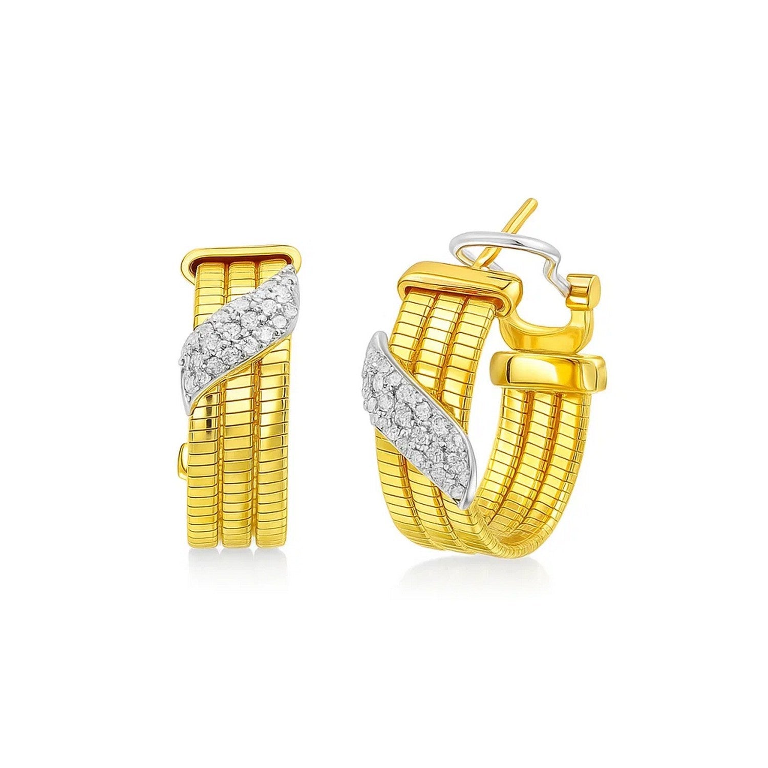 14k yellow gold triple row diamond hoop earrings featuring a modern design and exquisite diamond accents.