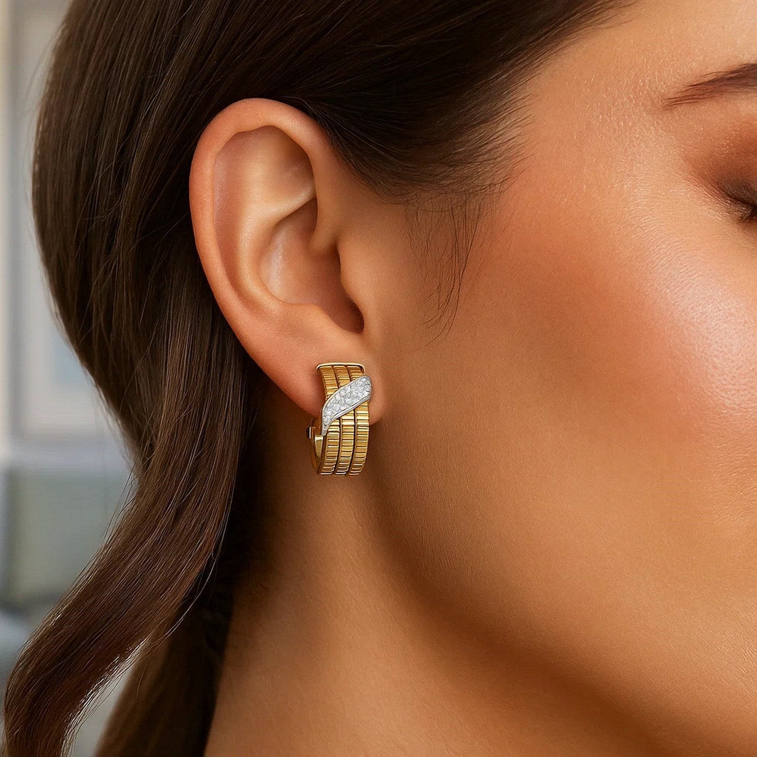 14K yellow gold triple row diamond hoop earrings featuring a modern design and exquisite diamond detailing.