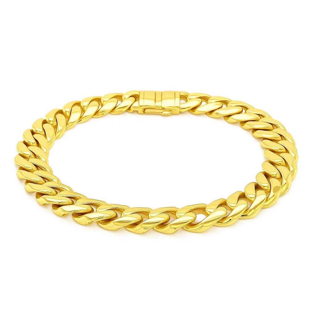 14k yellow gold polished curb chain bracelet with modern link design, showcasing luxurious shine and elegance.
