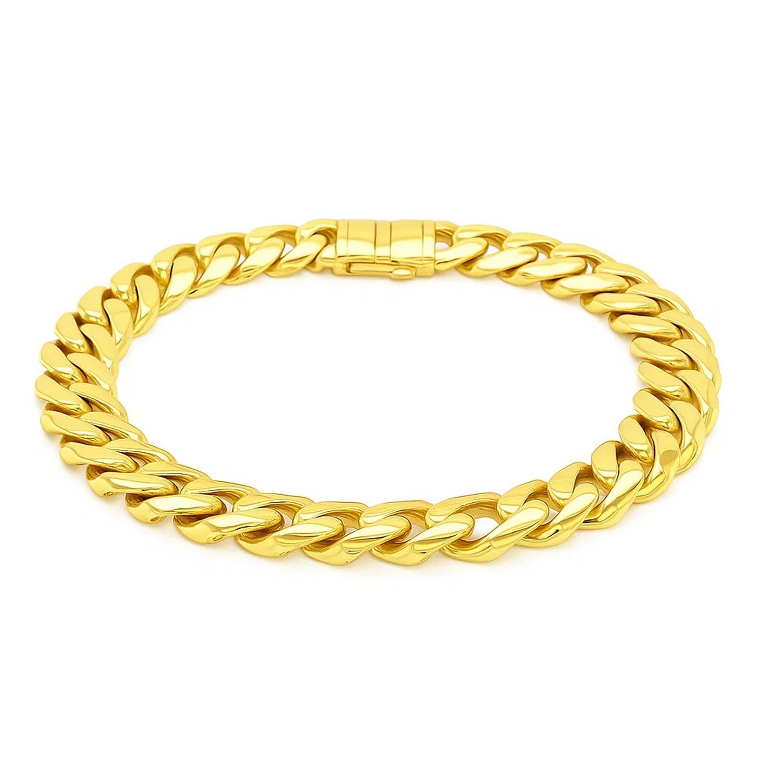 14k yellow gold polished curb chain bracelet with modern link design, showcasing luxurious shine and elegance.