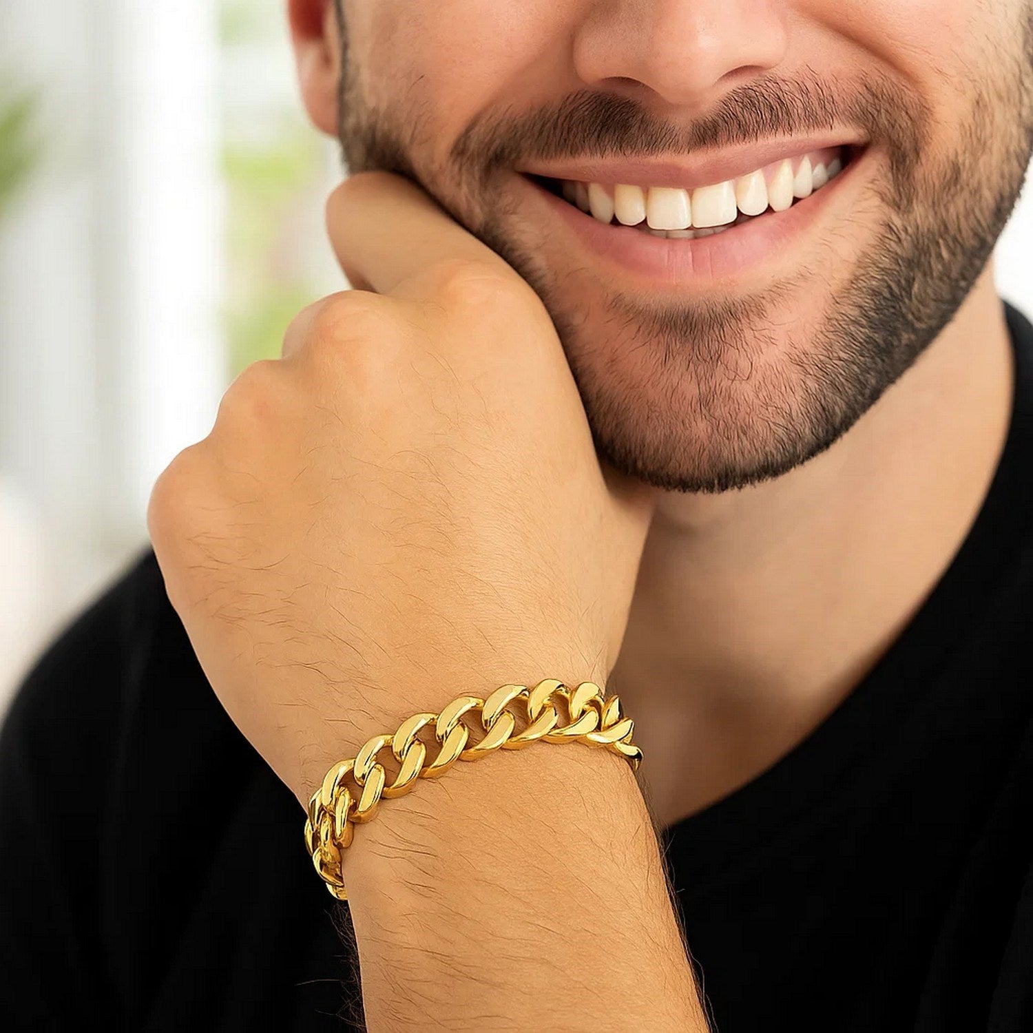 14k yellow gold polished curb chain bracelet with modern link design, showcasing luxury and elegance in every detail.