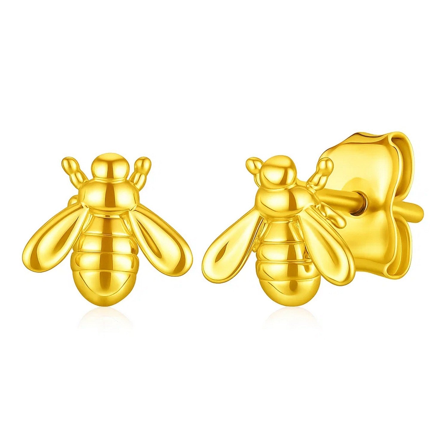 14k yellow gold bee stud earrings featuring an elegant design, perfect for adding a touch of luxury to any outfit.