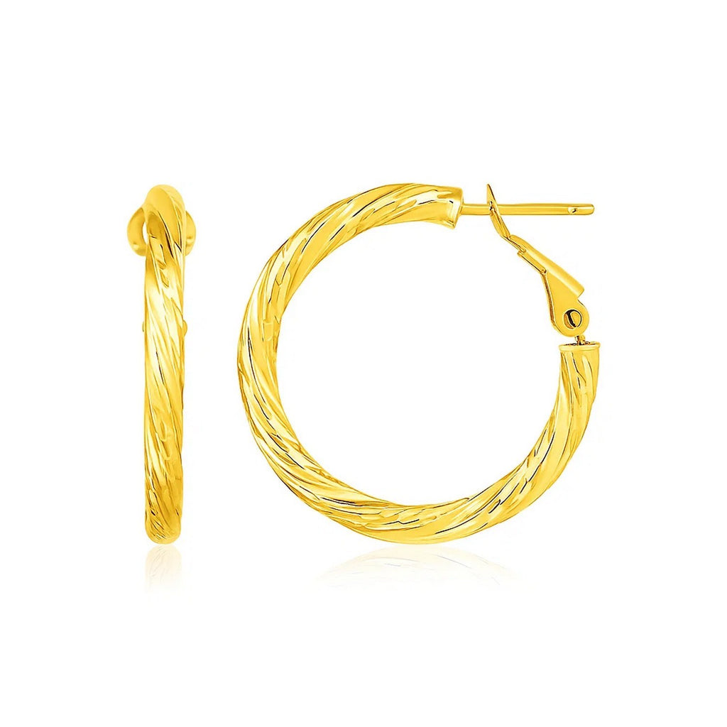 14k yellow gold petite twisted hoop earrings with a modern design, perfect for elegant everyday wear.