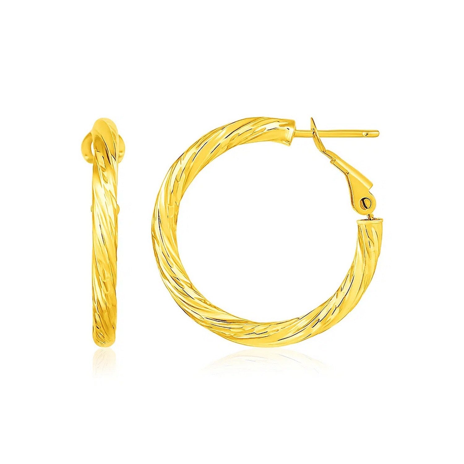 14k yellow gold petite twisted hoop earrings with a modern design, perfect for elegant everyday wear.
