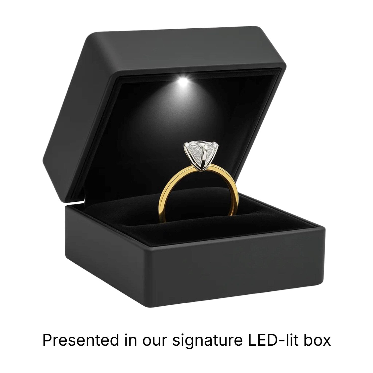 Elegant 10K yellow gold solitaire ring featuring a 1 carat emerald lab-grown diamond in a classic setting.