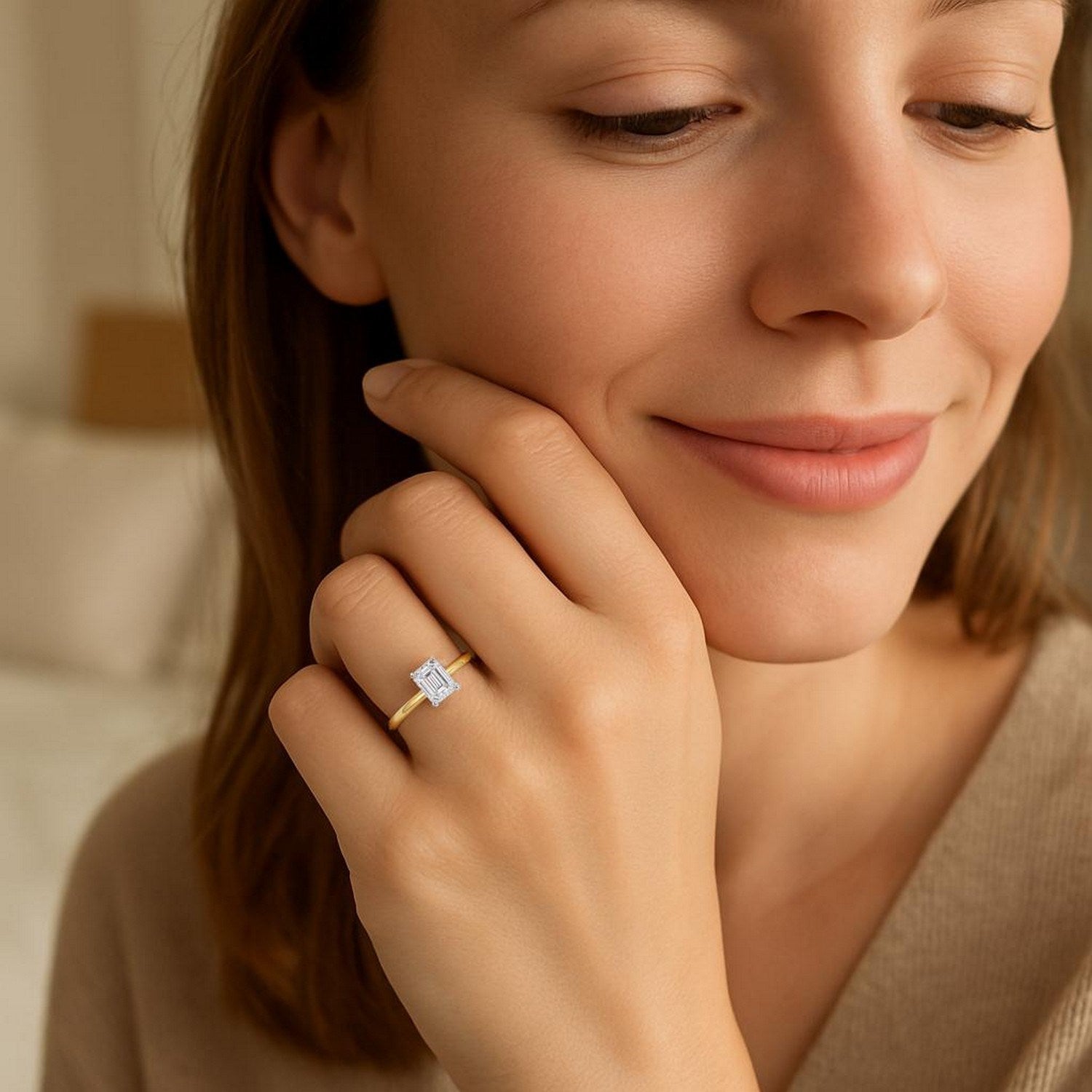 Elegant 10K yellow gold solitaire ring featuring a 1 carat emerald lab-grown diamond, showcasing timeless luxury.
