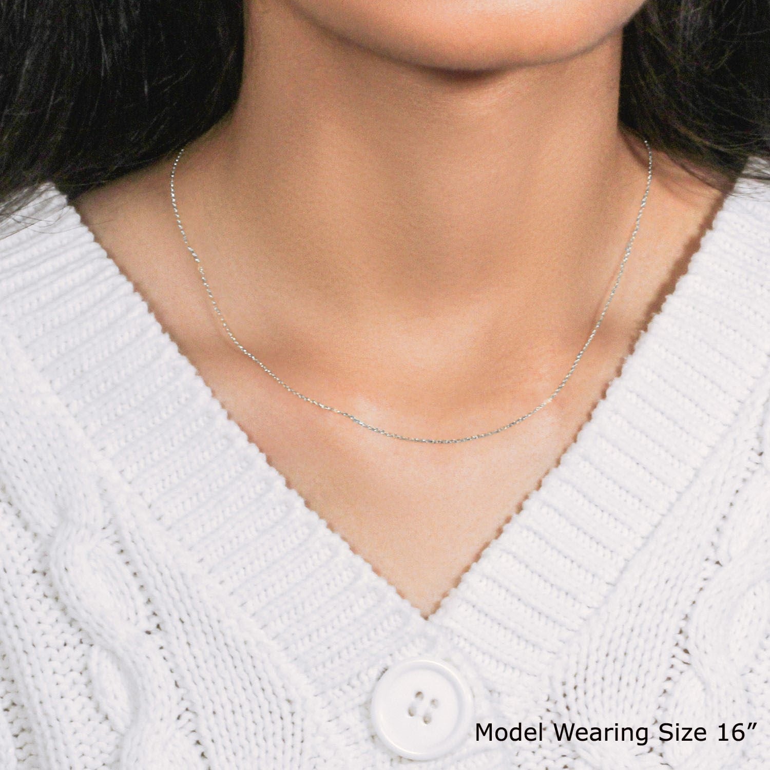 18k white gold diamond cut cable link chain, contemporary design, featuring elegant links and a lustrous finish.