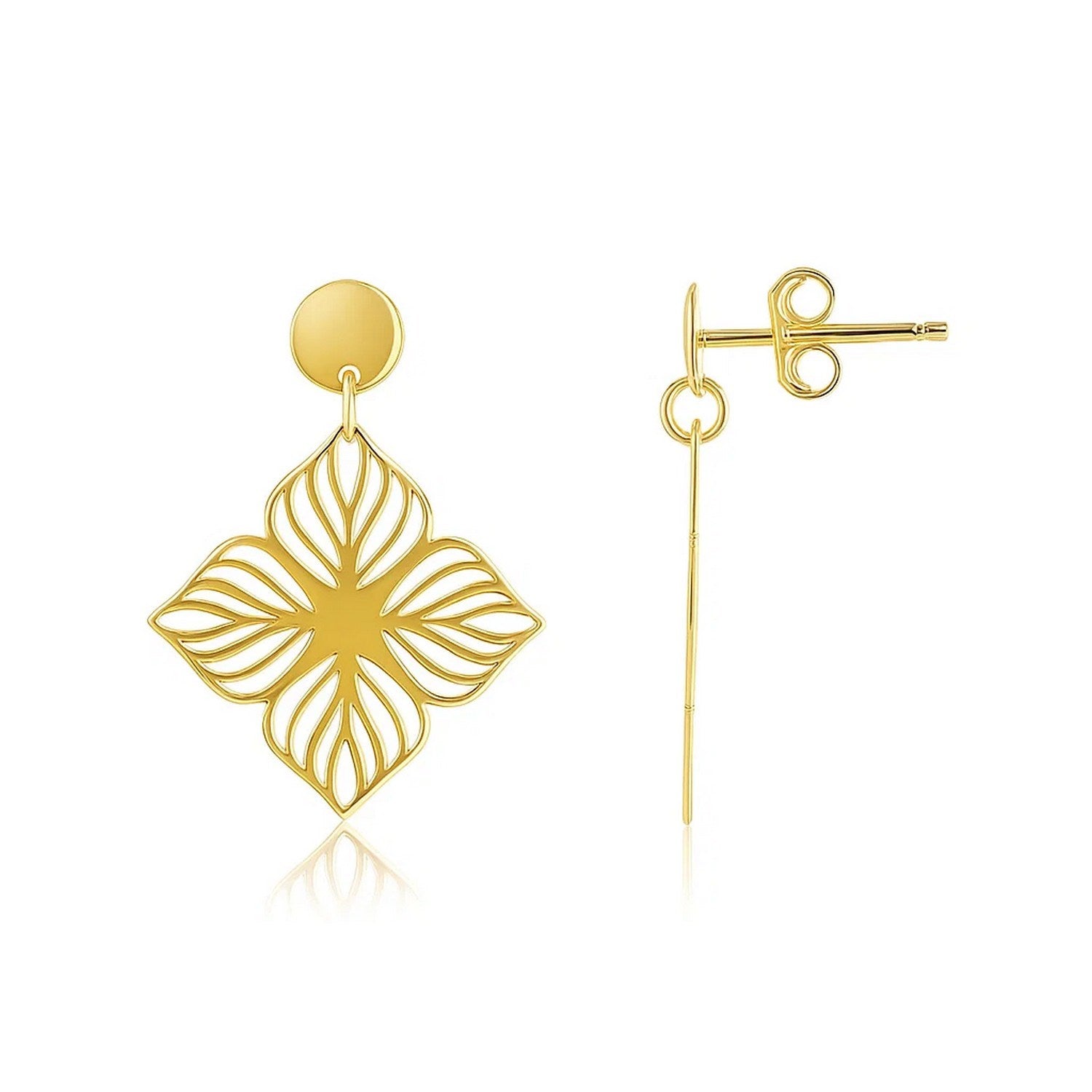 14k yellow gold high polish floral cutout dangle earrings, exuding elegance and timeless sophistication.