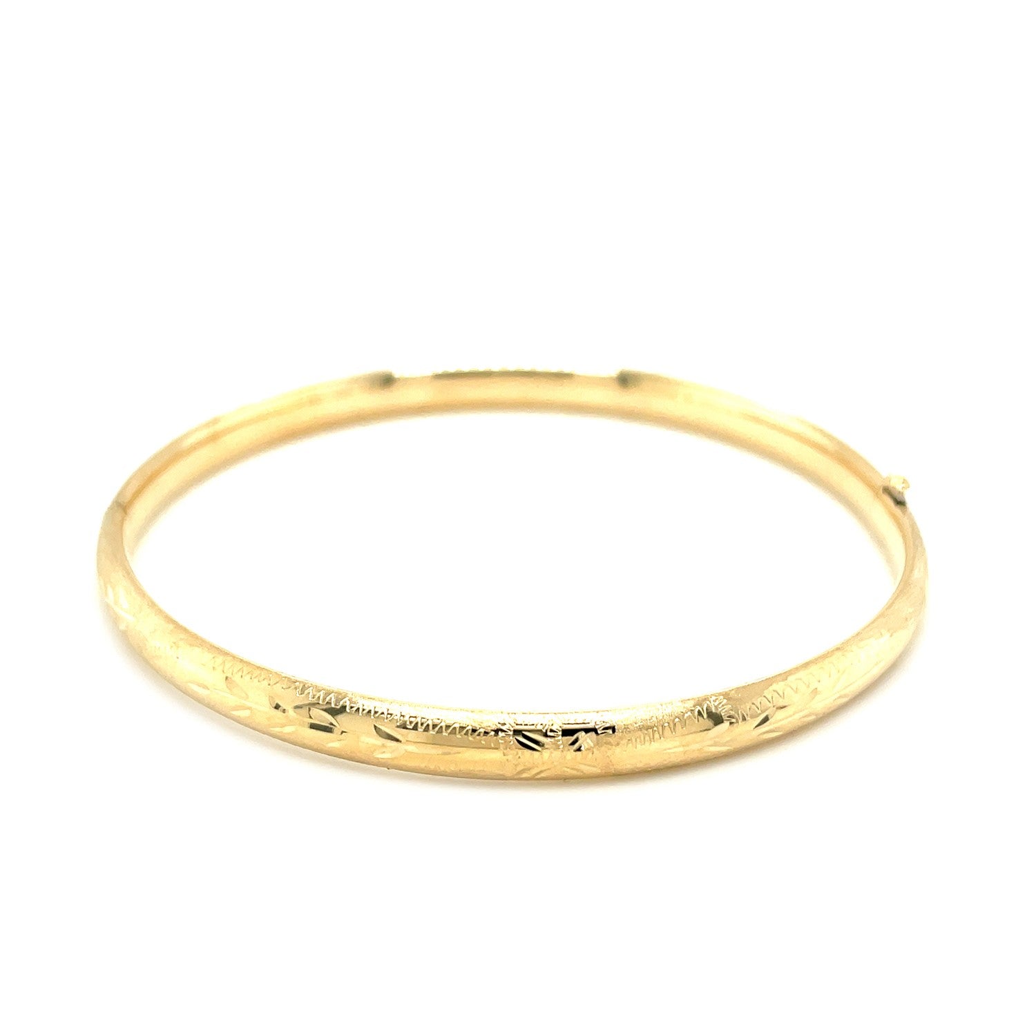 10k yellow gold Florentine bangle with botanical pattern and diamond accents, showcasing modern luxury elegance.