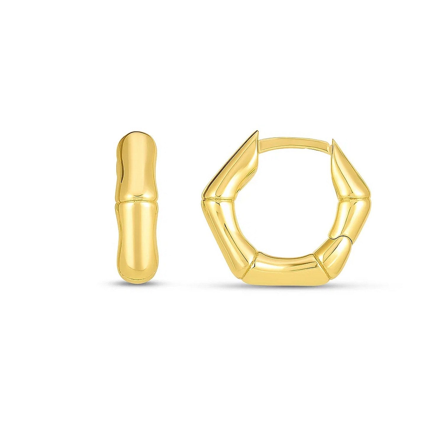 14k yellow gold bamboo huggie earrings featuring a modern hoop design for a chic, sophisticated look.
