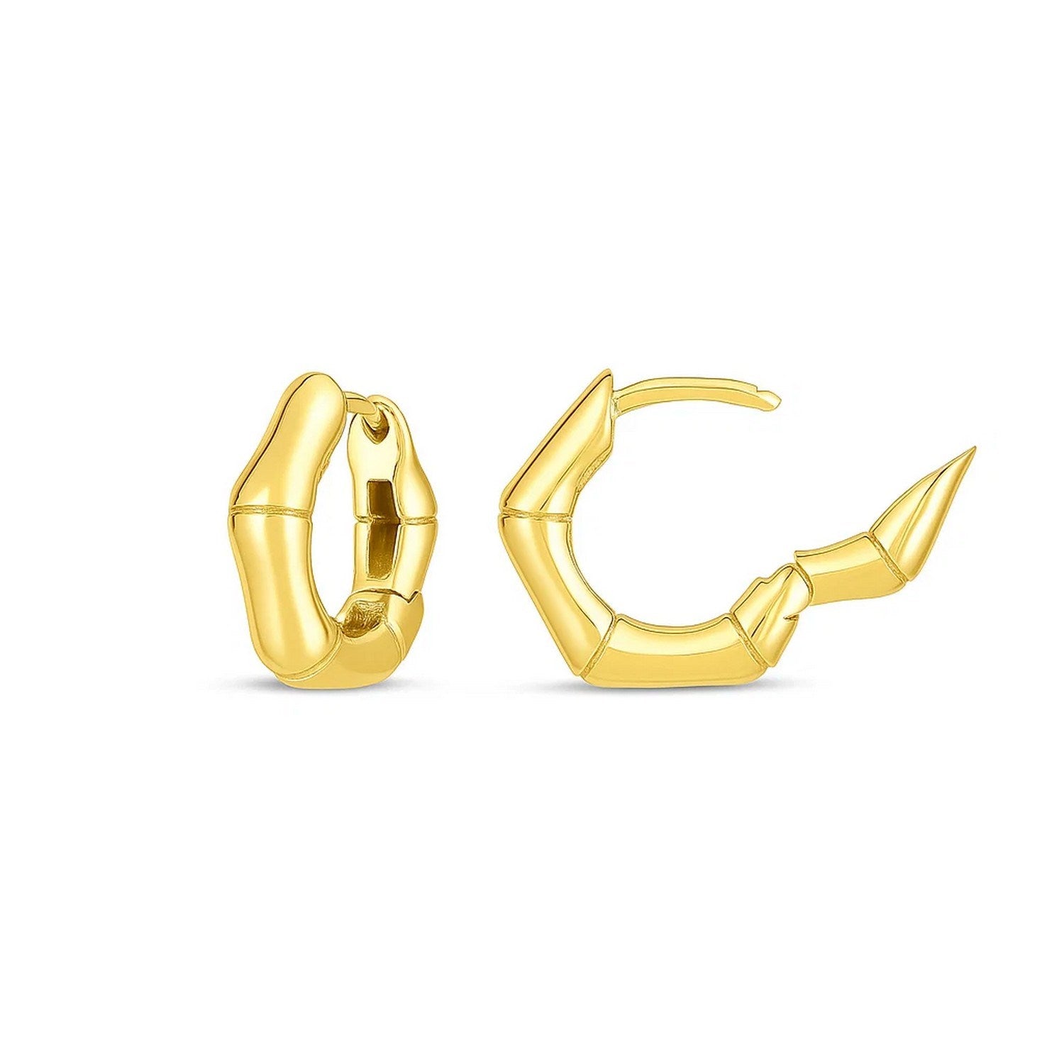 14k yellow gold bamboo huggie earrings featuring a modern hoop design, perfect for elegant everyday wear.
