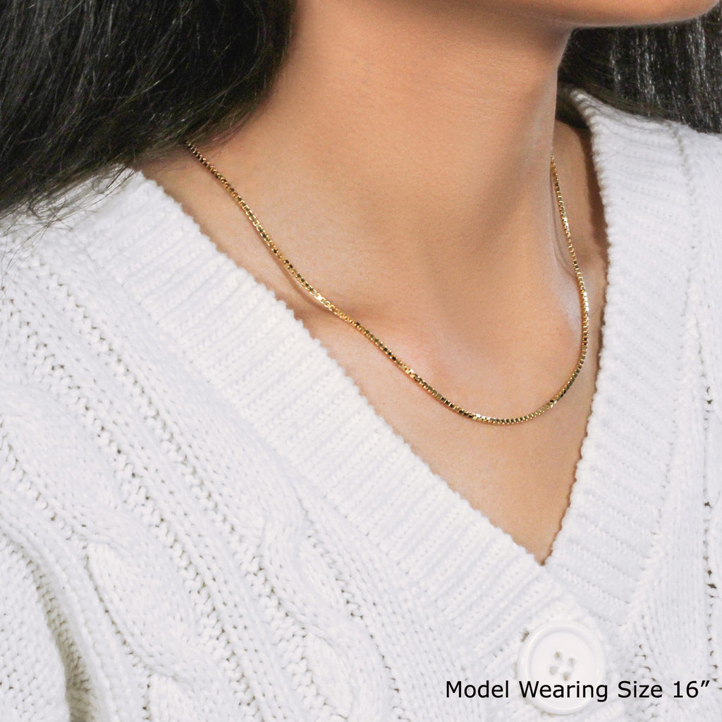 14k yellow gold classic box chain, 1.40 mm, modern design, perfect for layering or as a standalone statement piece.