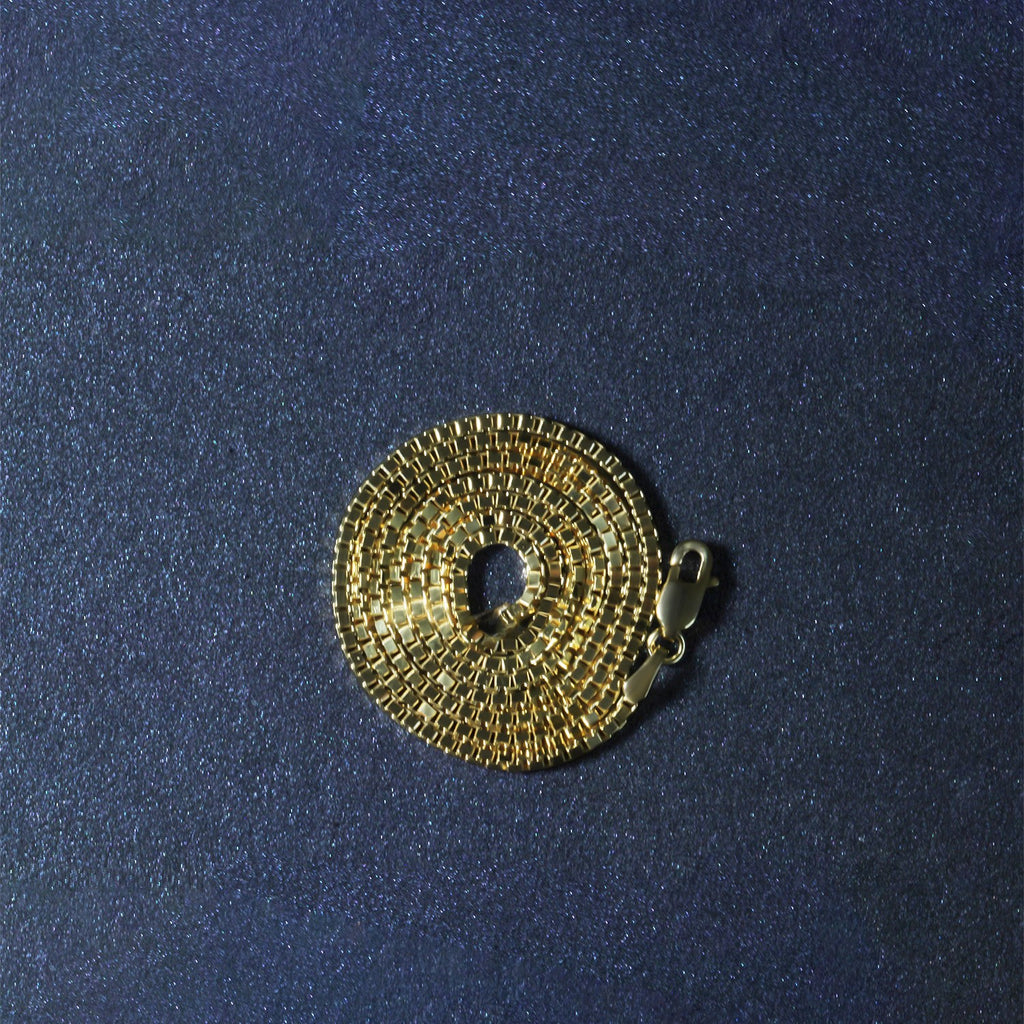 14k yellow gold classic box chain, modern design, 1.40 mm width, perfect for layering or standalone elegance.