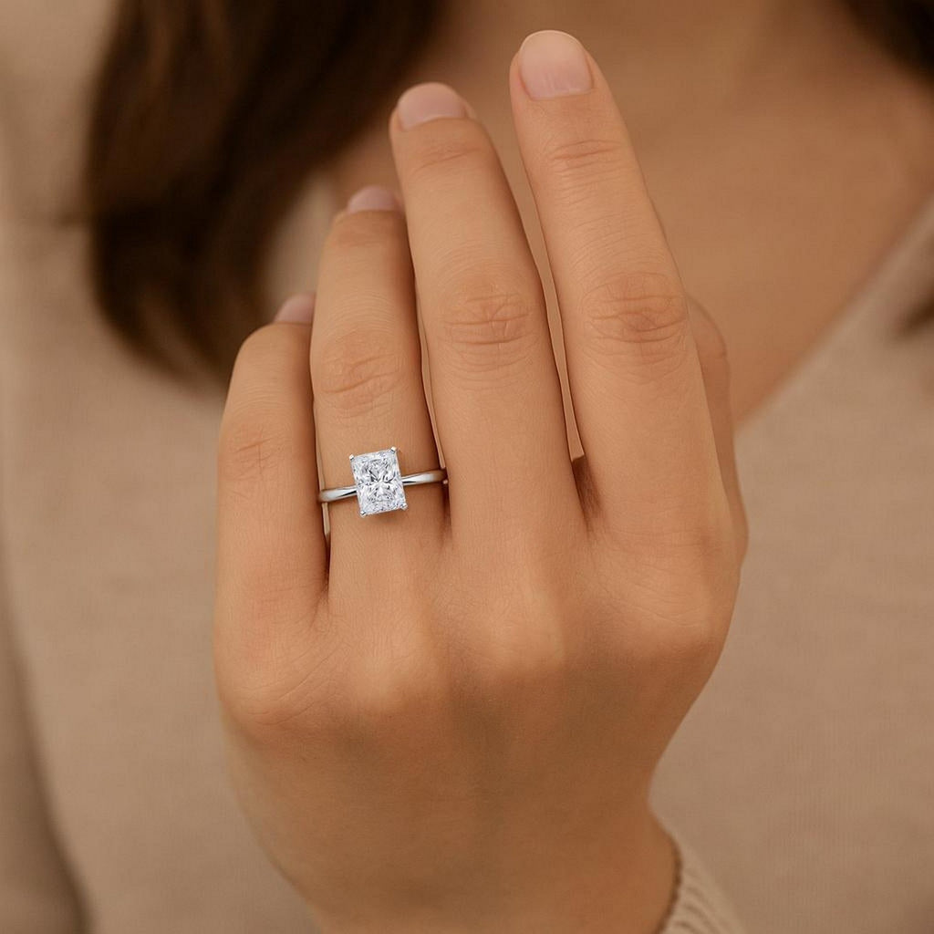 2 carat radiant lab-grown diamond solitaire ring in elegant 10K white gold, showcasing exquisite craftsmanship and brillia...