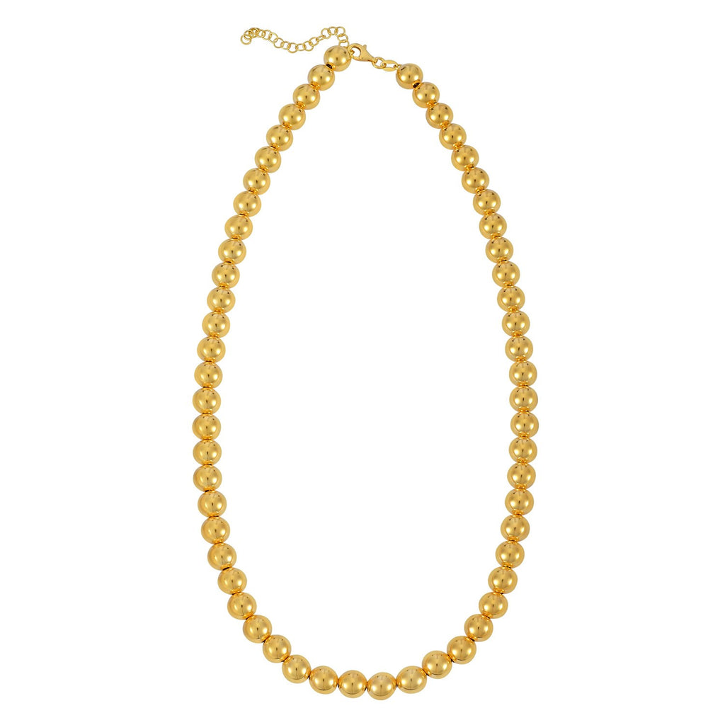 Contemporary 14k yellow gold bead chain necklace featuring elegant 8mm beads and a luxurious finish.