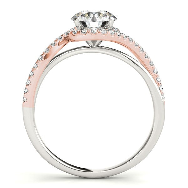 14k white and rose gold bypass band engagement ring adorned with sparkling diamonds, showcasing modern luxury design.