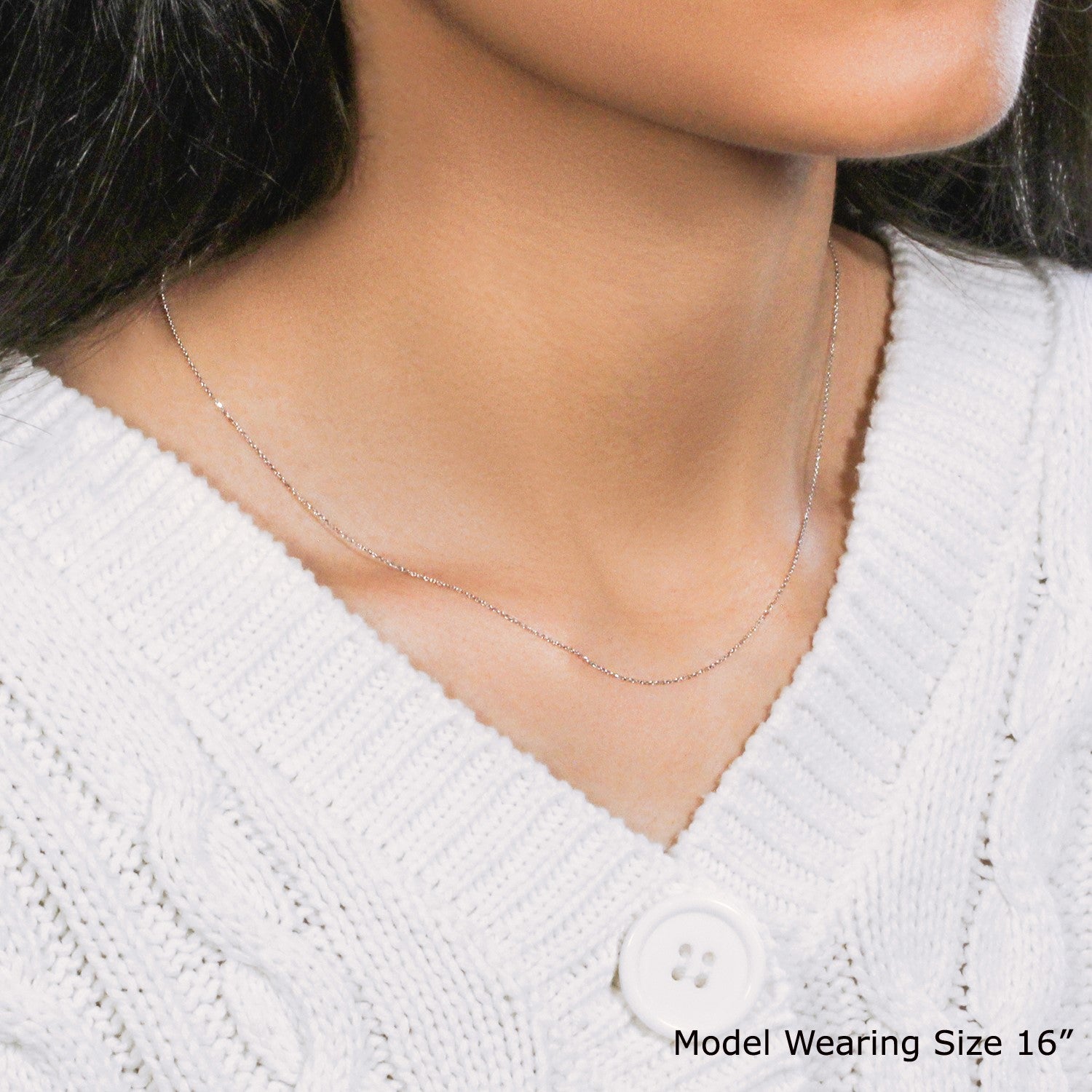 14k white gold diamond cut cable link chain, modern design, featuring delicate links and a luxurious shine.