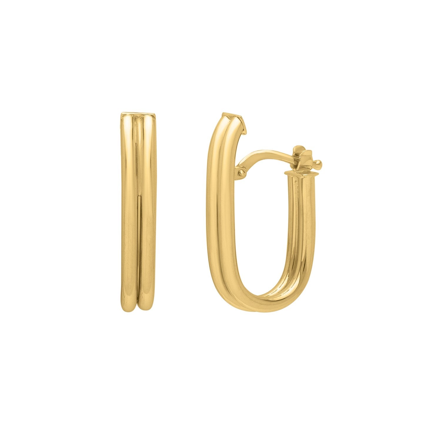 14K yellow gold modern double oval tube hoop earrings, showcasing elegance and contemporary design.