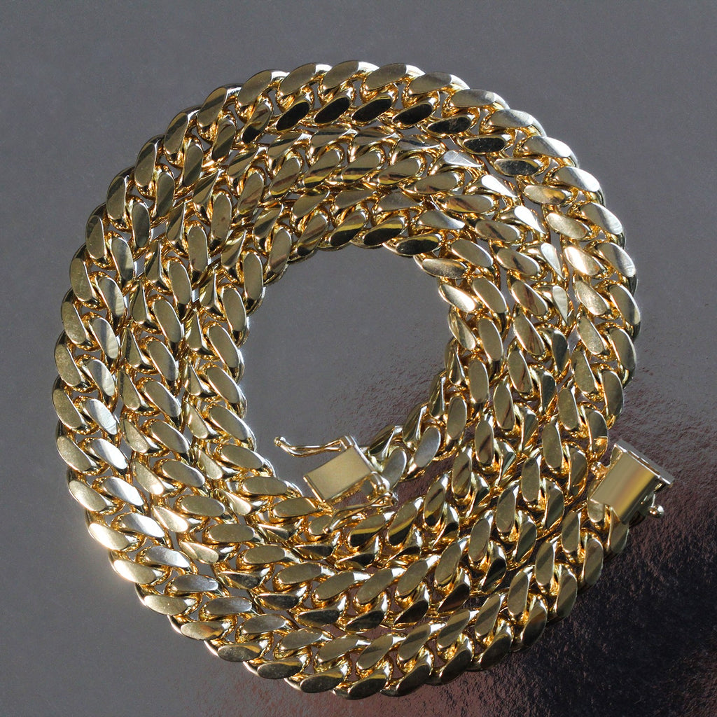 14k yellow gold classic Miami Cuban solid chain, 9.20 mm, featuring a timeless round link design for luxury elegance.